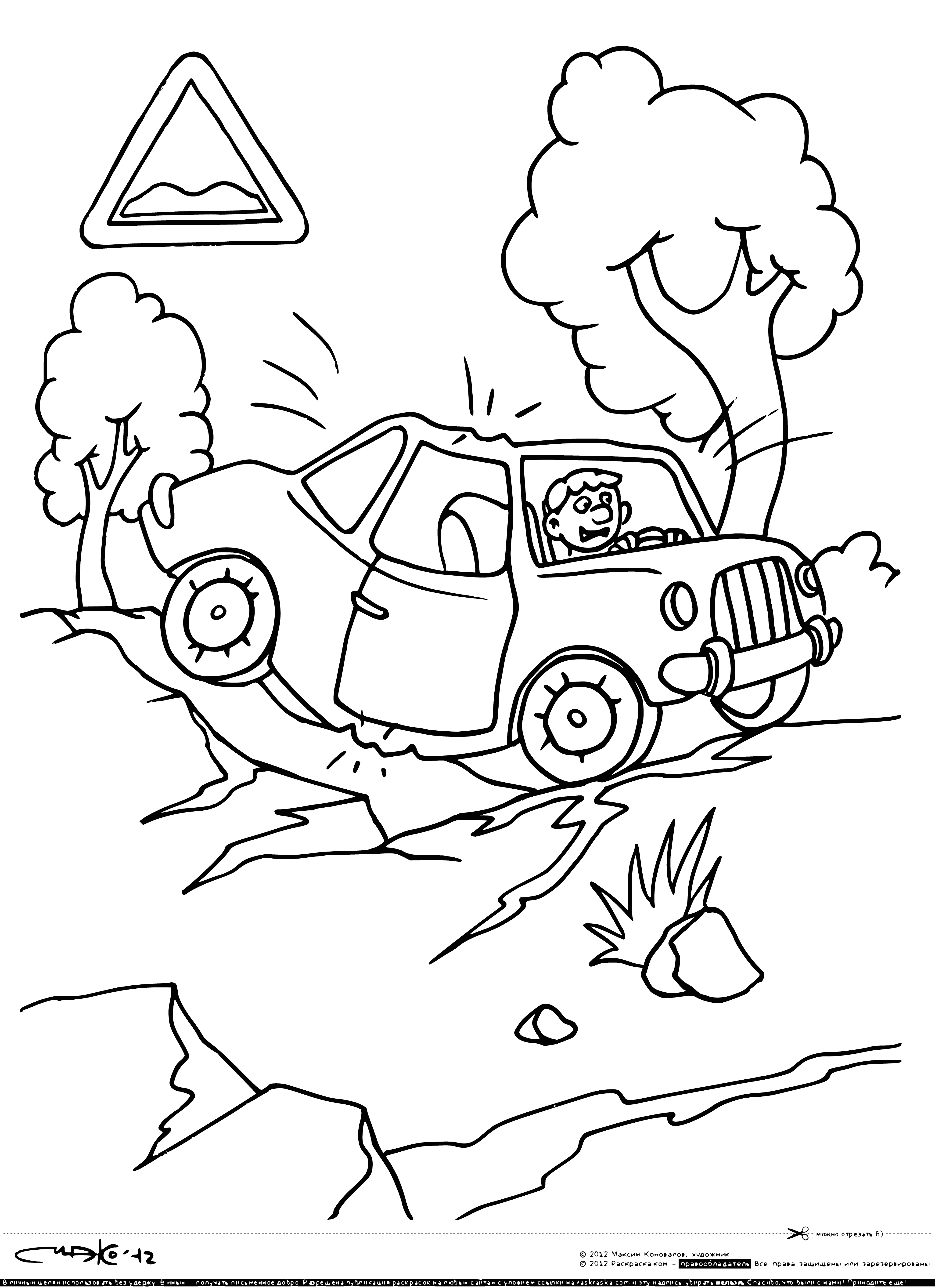 coloring page: Drivers warned of bumpy road ahead: "rough road" sign cautions to slow down.