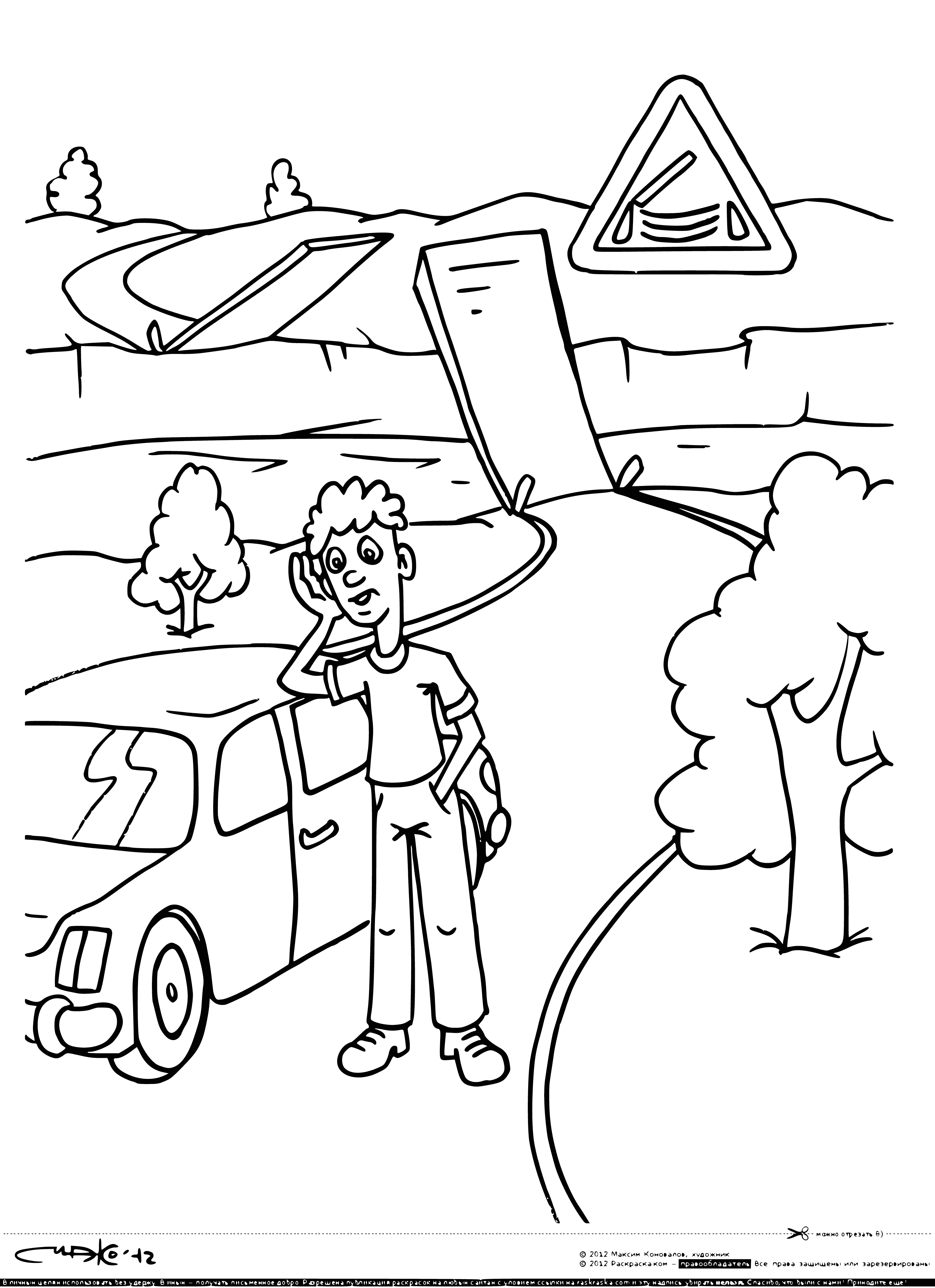 coloring page: Road sign: "Traffic Rules - Drawbridge". Arrow & sketch show left turn when bridge is up.