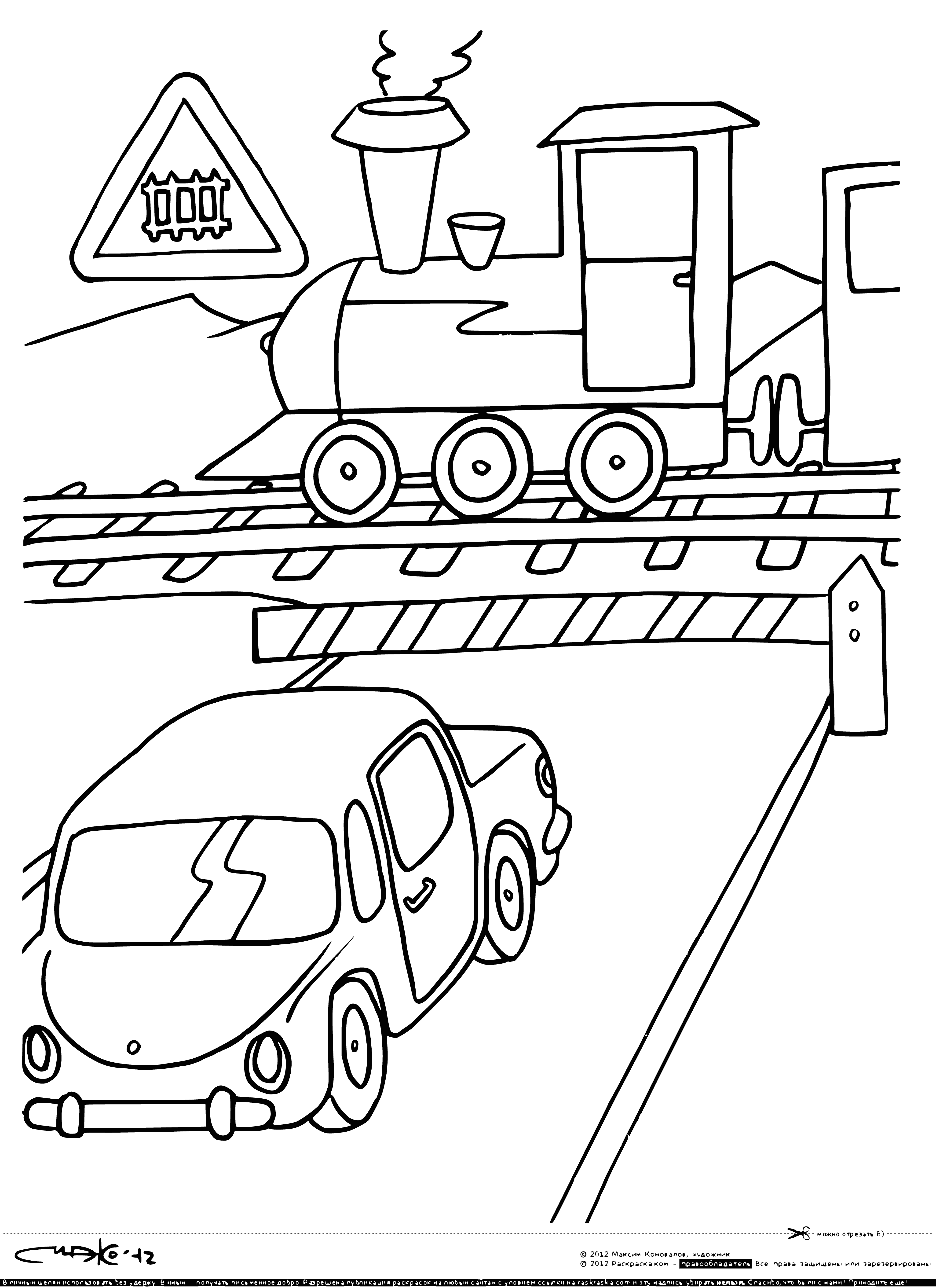 coloring page: Stop sign & barrier at railway crossings indicate danger; red sign with white hand means stop & wait for the barrier to be raised.