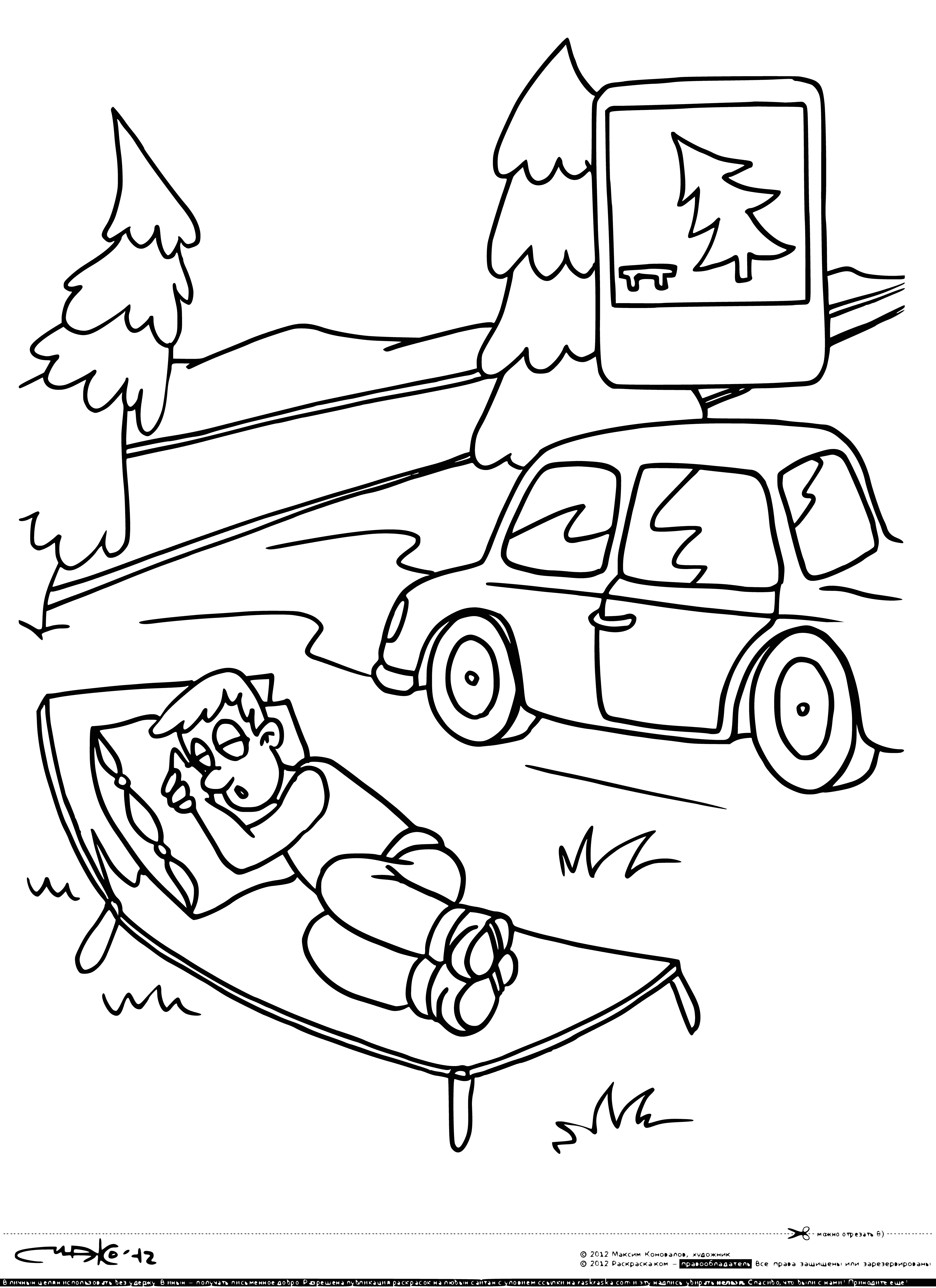 coloring page: Sign has car coloring page & 'Traffic Rules' + person pict & 'Resting Place' to show road rules. #drivesafe