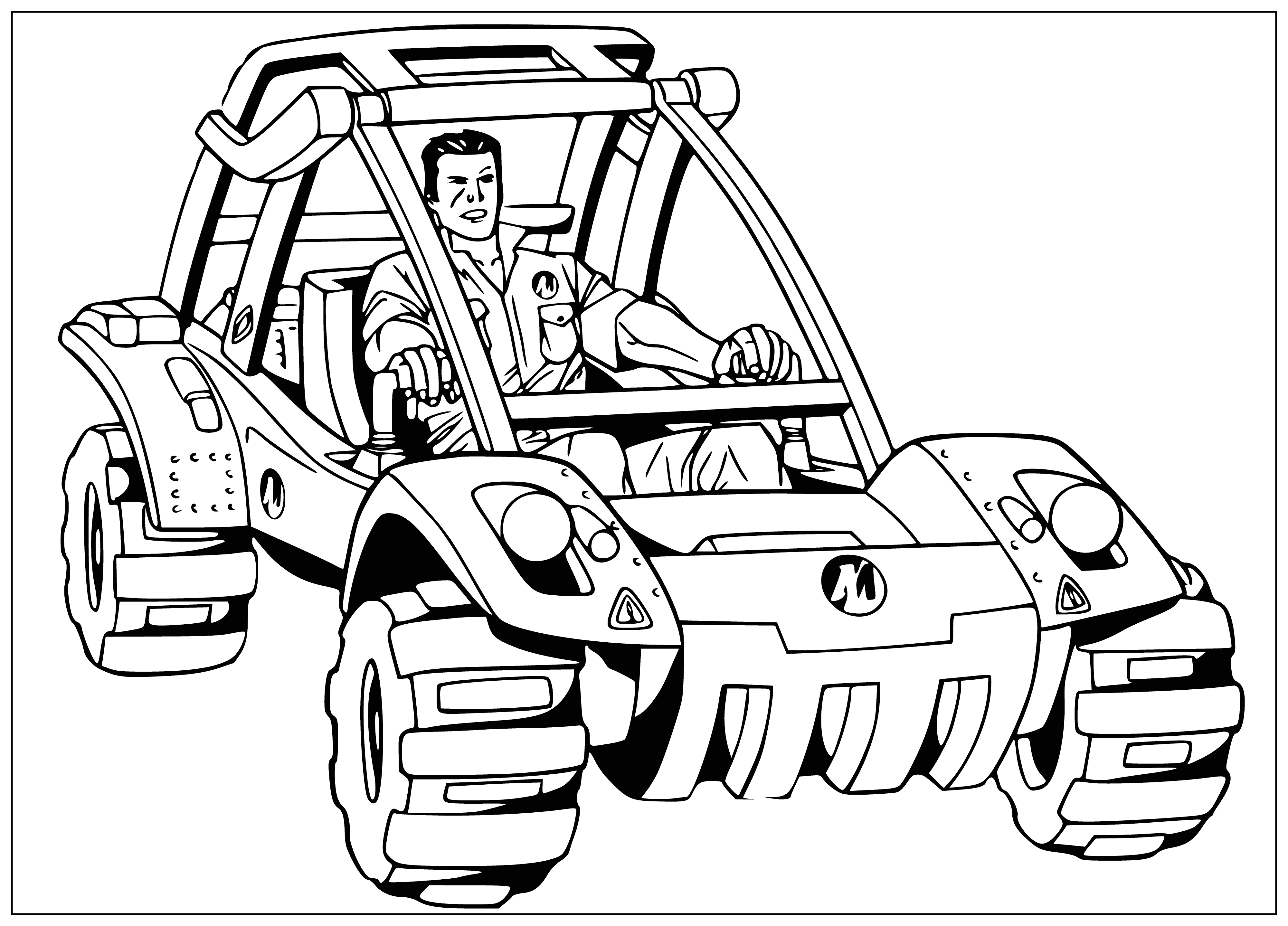 coloring page: ActionMan Buggy: Blue vehicle w/ orange flames, yellow seat & steering wheel, yellow canopy, 4 black tires, 2 yellow lights.
