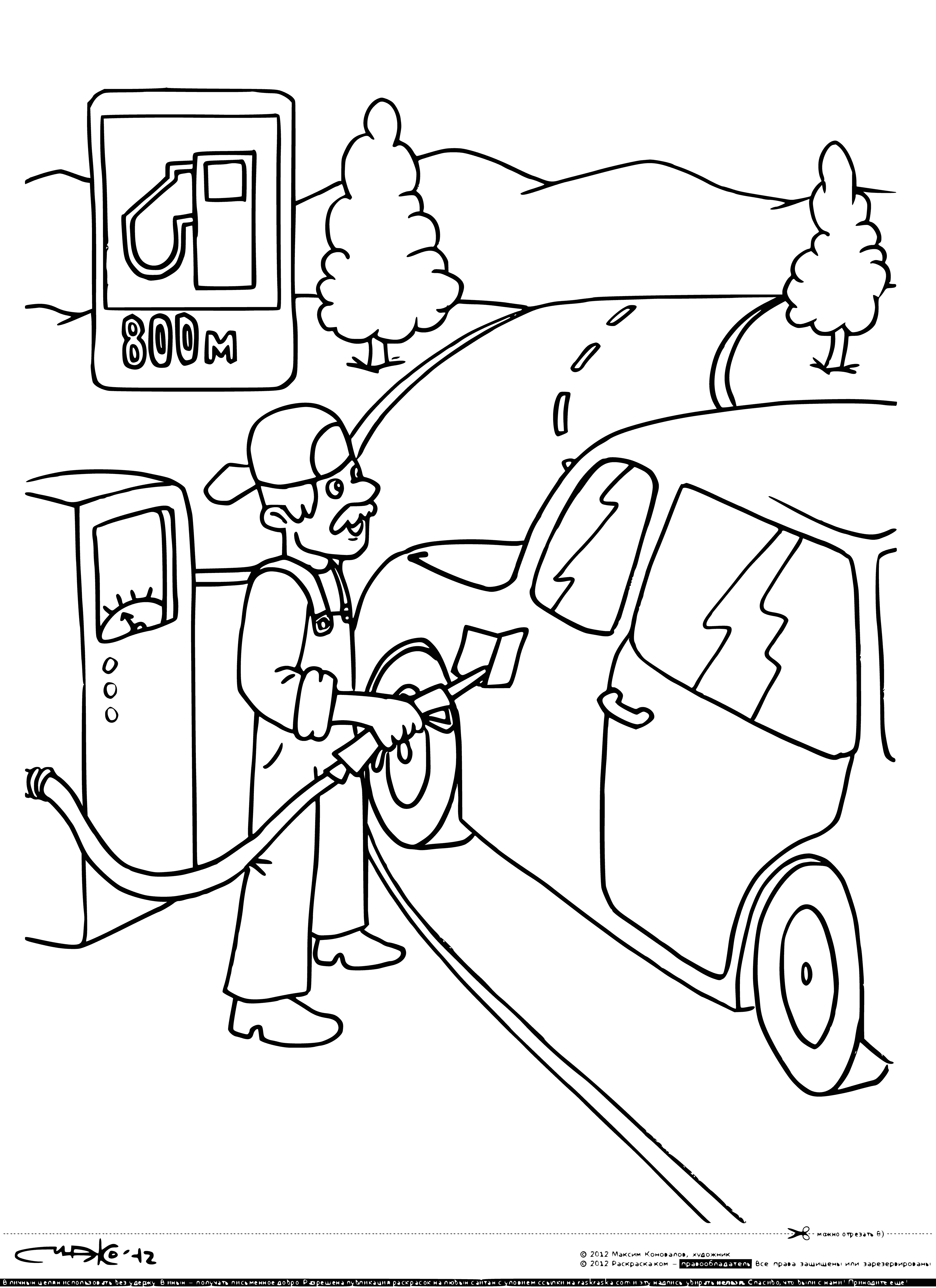 coloring page: Blue sign with white arrow pointing right & "Gas station" written under car outline.