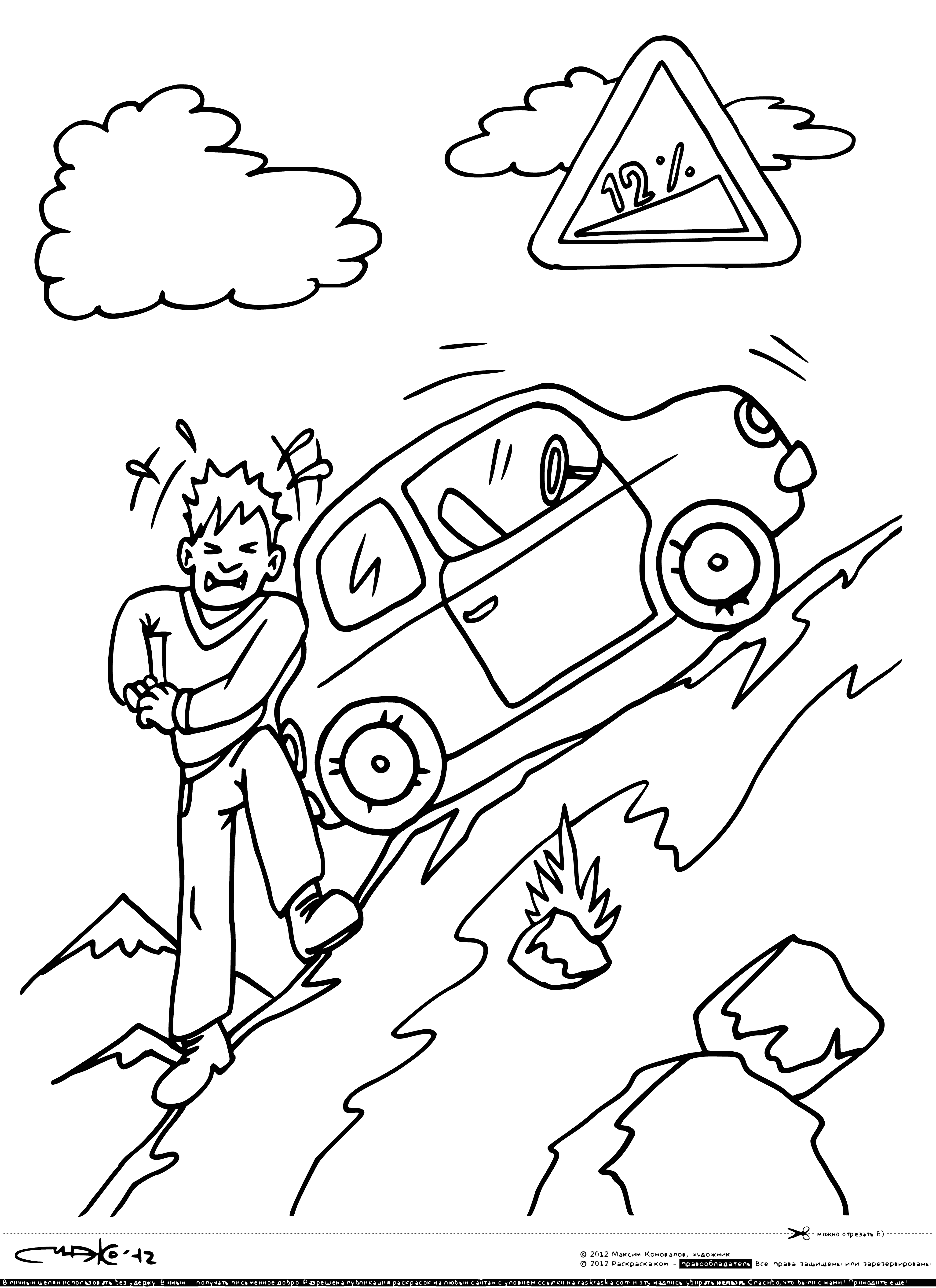 coloring page: Triangle w/ exclamation mark= steep climb ahead; drivers should exercise caution! #DriveSafe