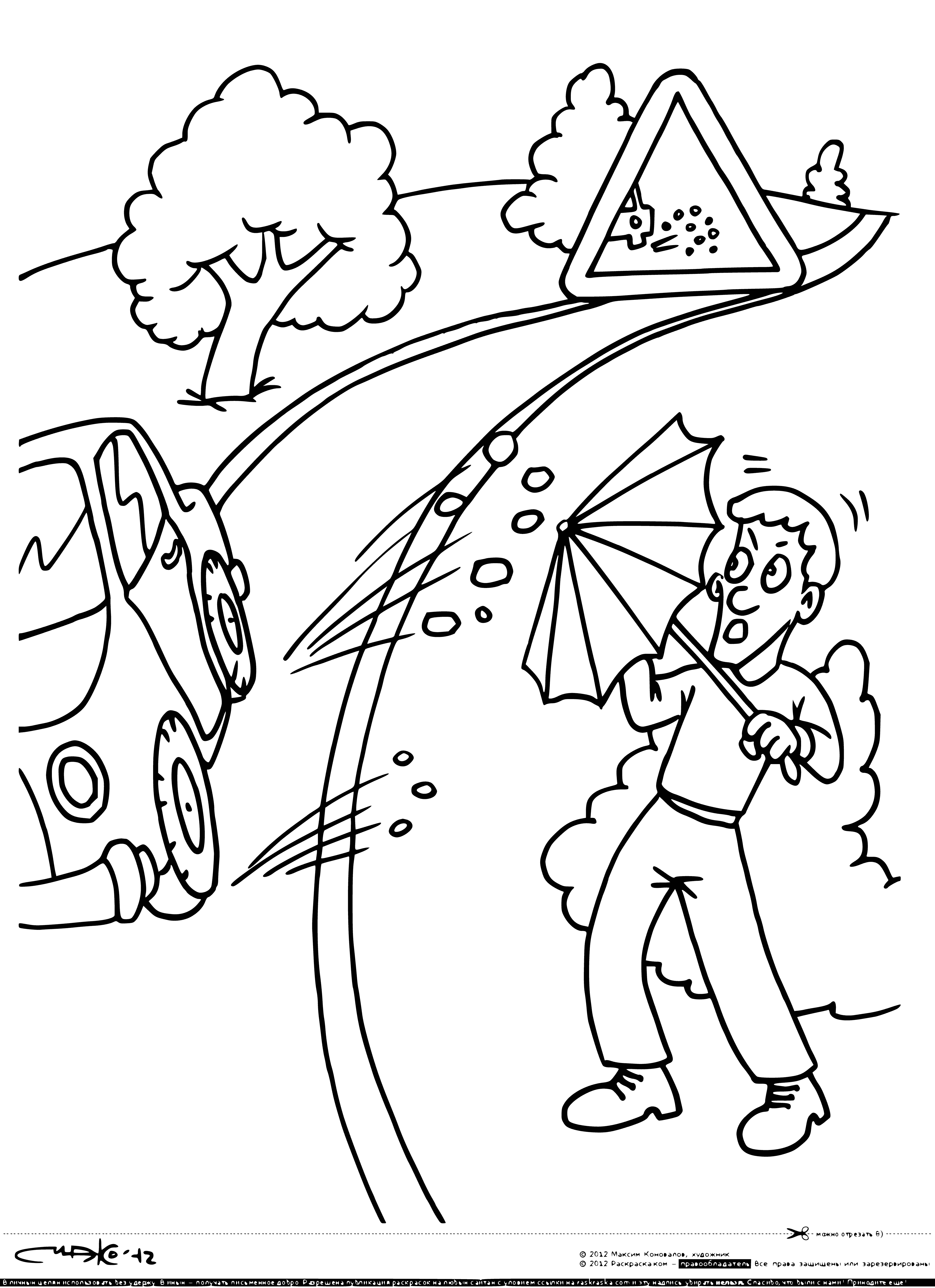 coloring page: Triangular yellow sign with black lettering cautioning drivers: "Ejection of gravel. Traffic rules" #EjectionOfGravel #TrafficRules