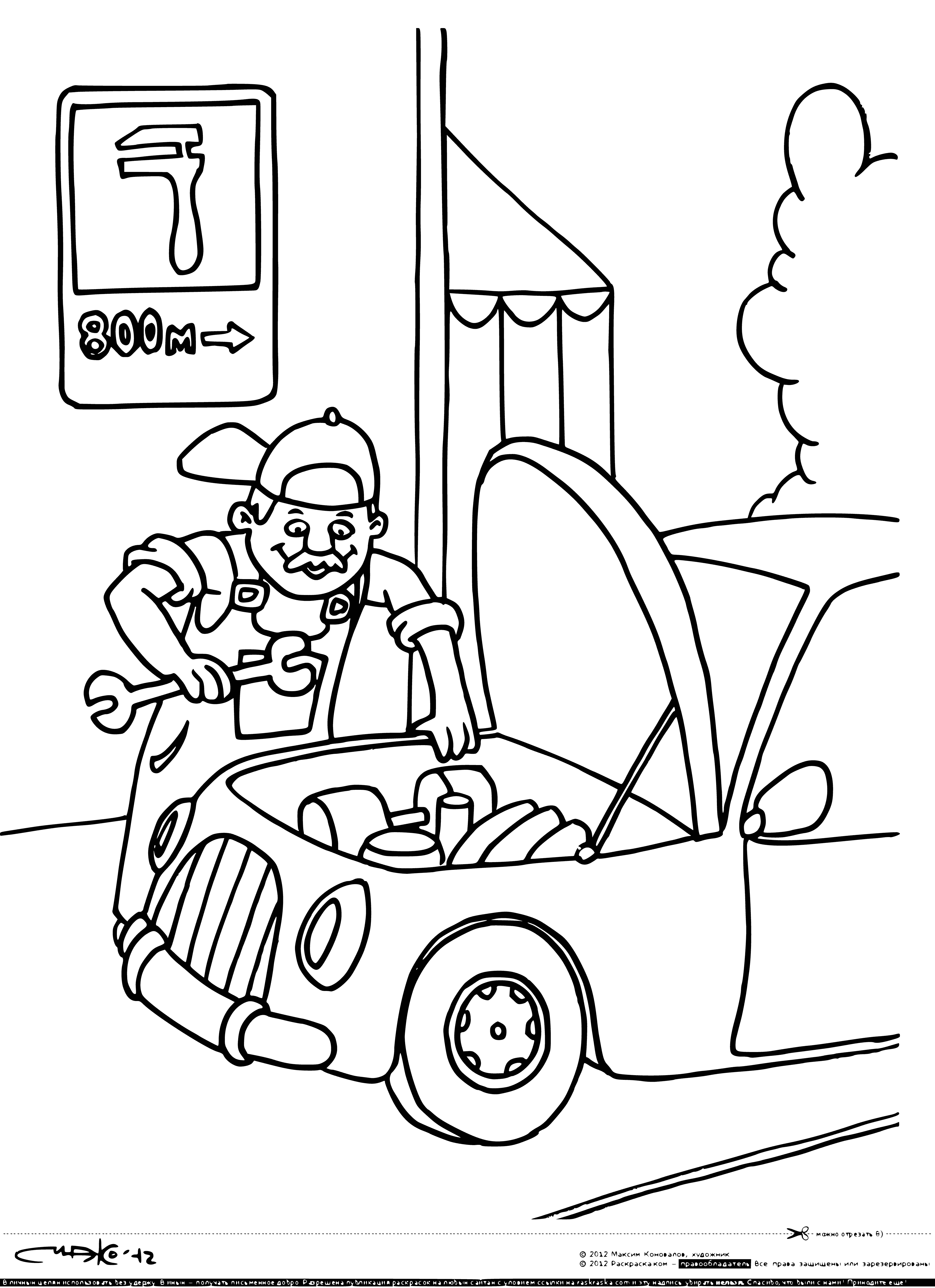 coloring page: Red stop sign, yellow yield sign, white speed limit w/"55", blue car maintenance sign; indicate different things when driving.