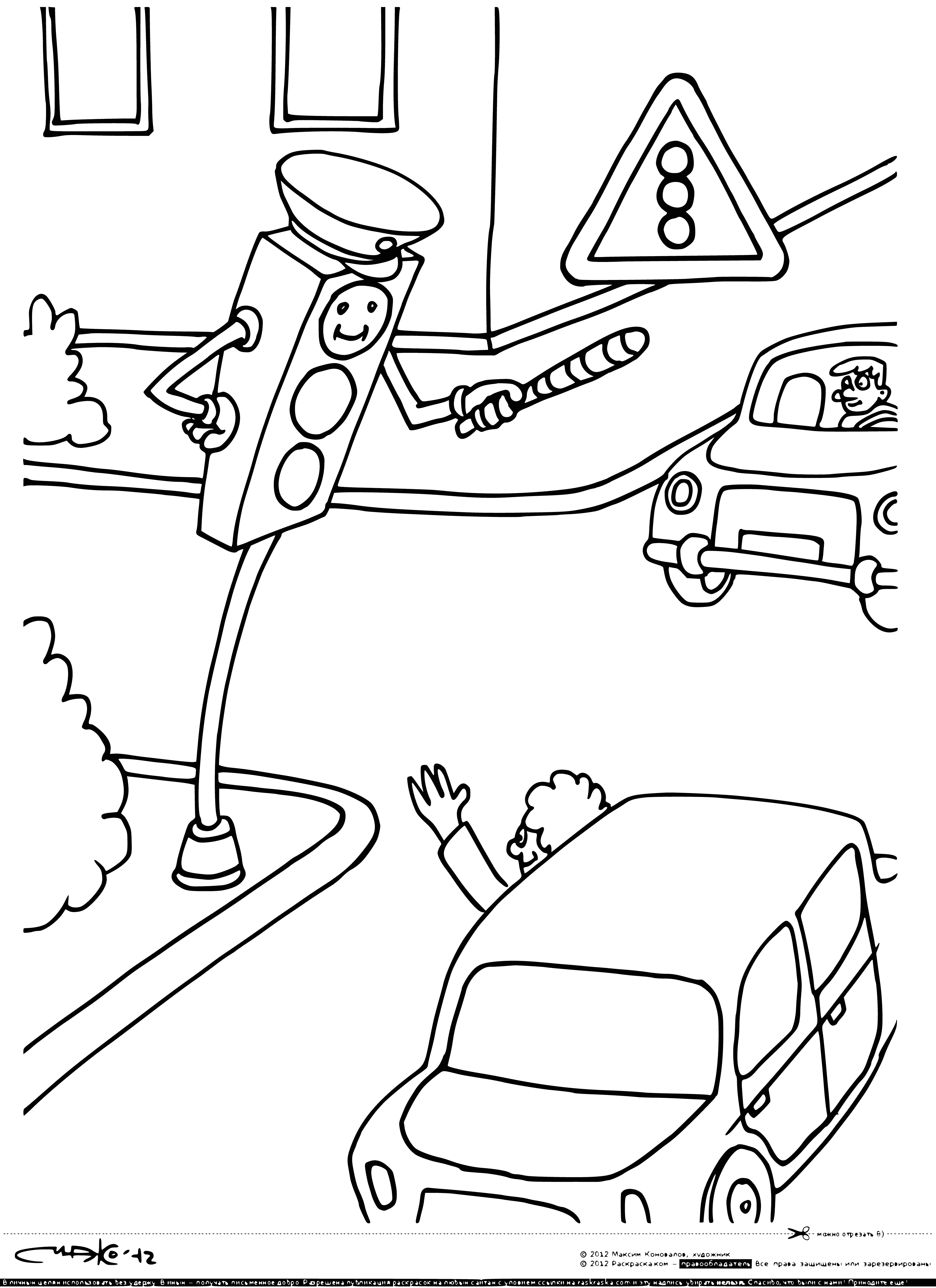 coloring page: 3 traffic signs: stop, yield & traffic light. Stop for stop line, yield for oncoming, green for go.