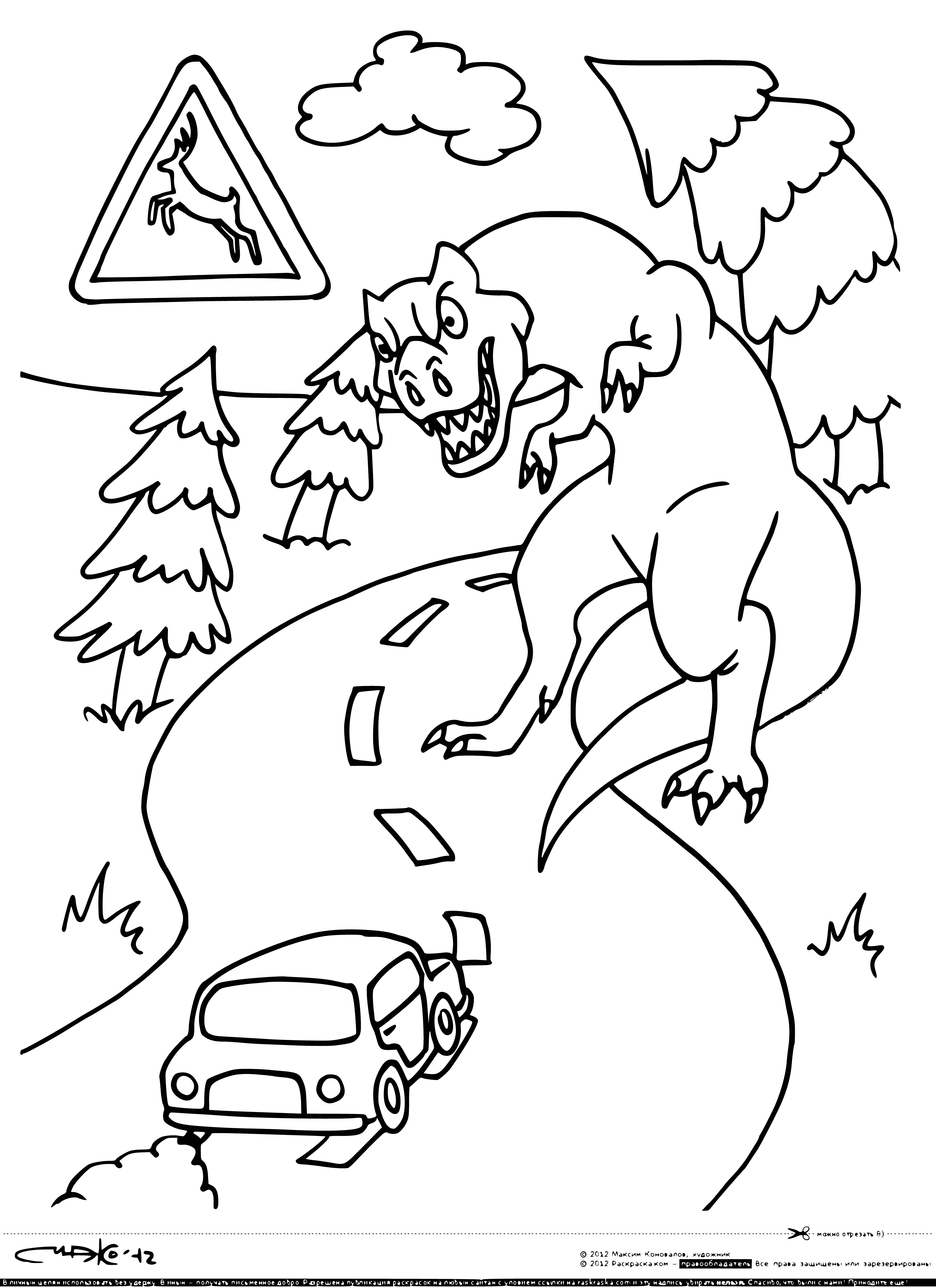 coloring page: 3 road signs depict: turning left, wild animals, no parking.
