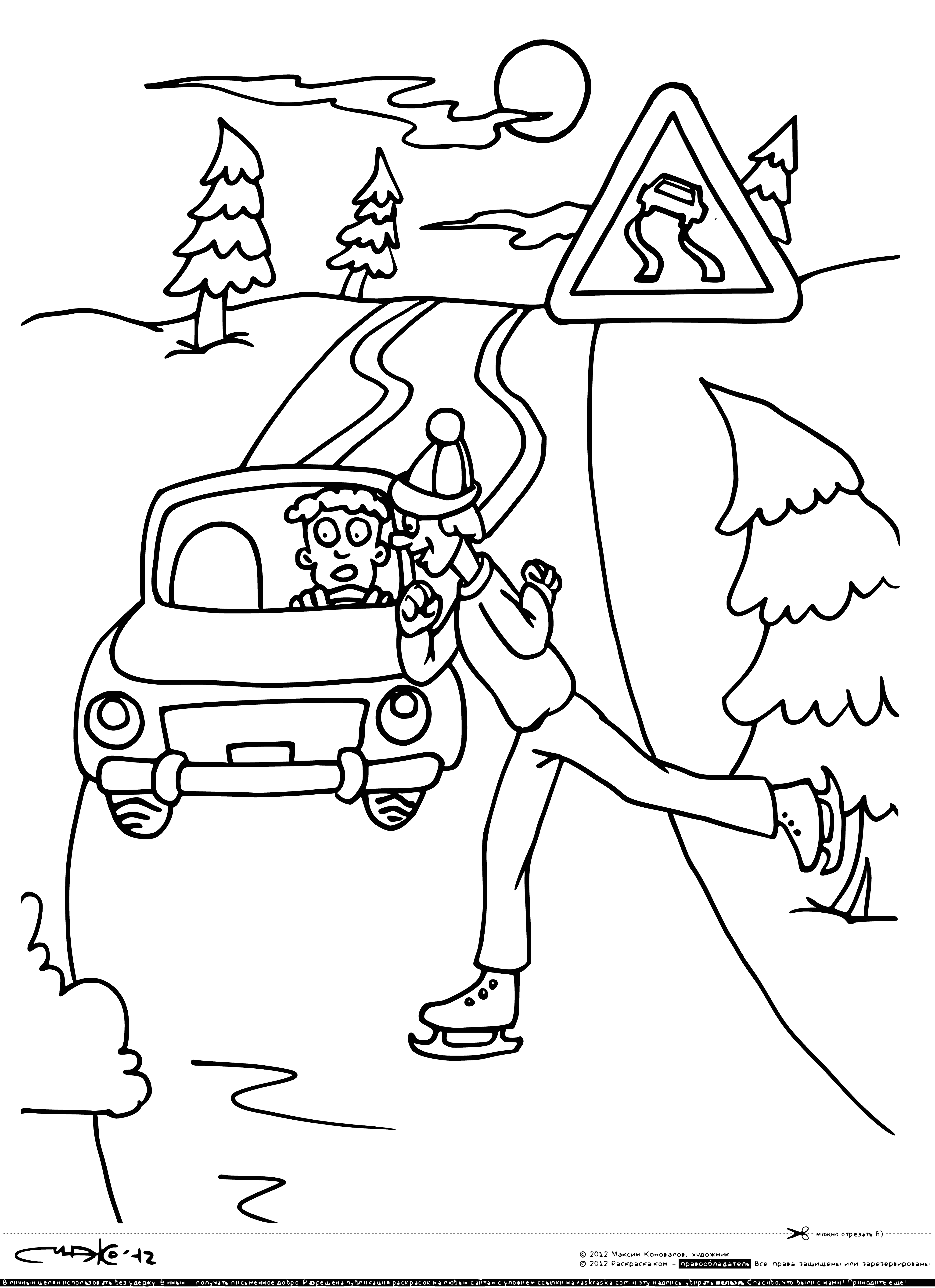 coloring page: Warning sign of slippery road: yellow background, black symbol of car slipping on ice. #DrivingSafety
