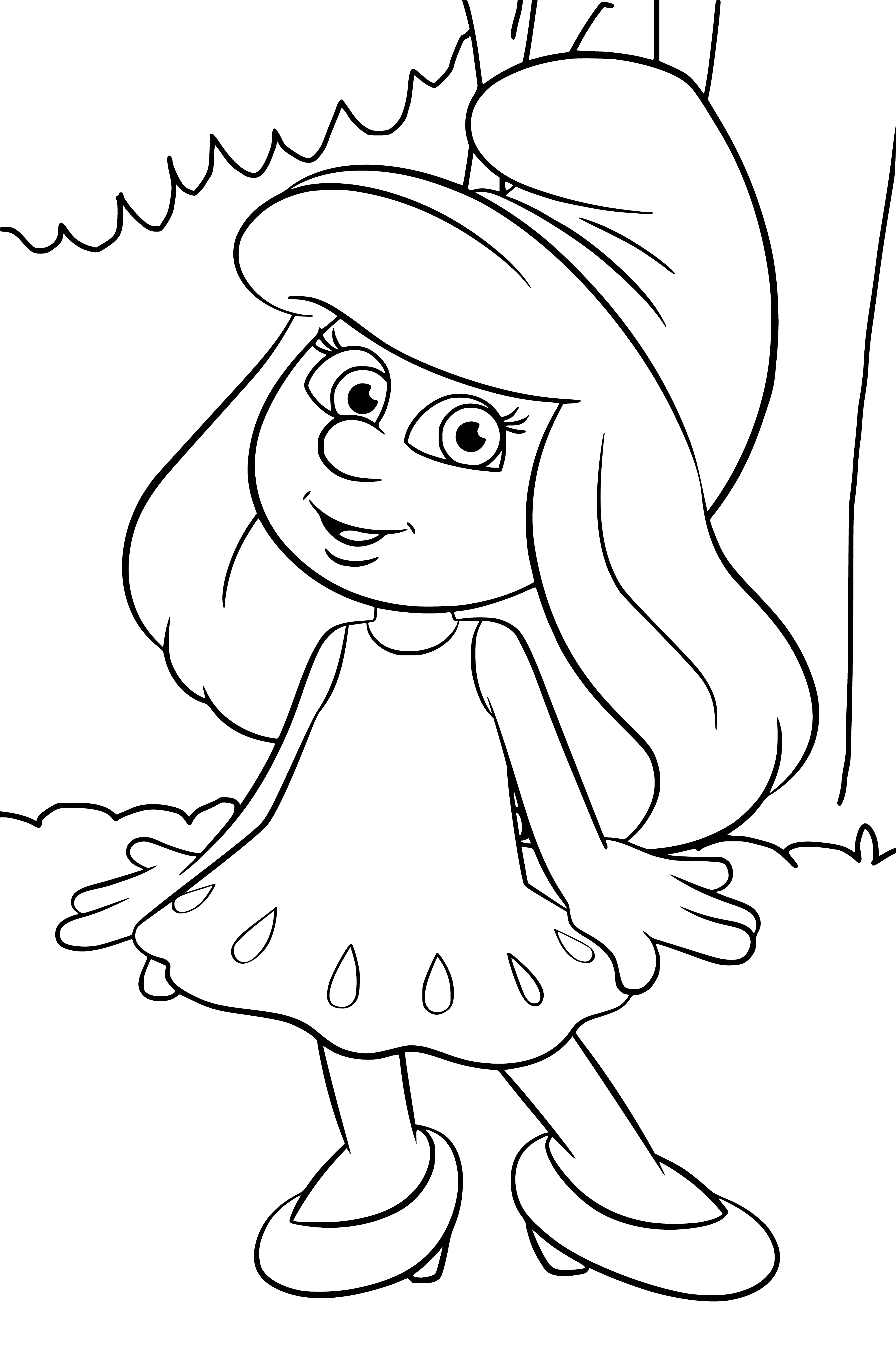 coloring page: Creature in white dress lives in mushroom-shaped house in forest. Blue-skin, white hair in ponytail and black belt/shoes.