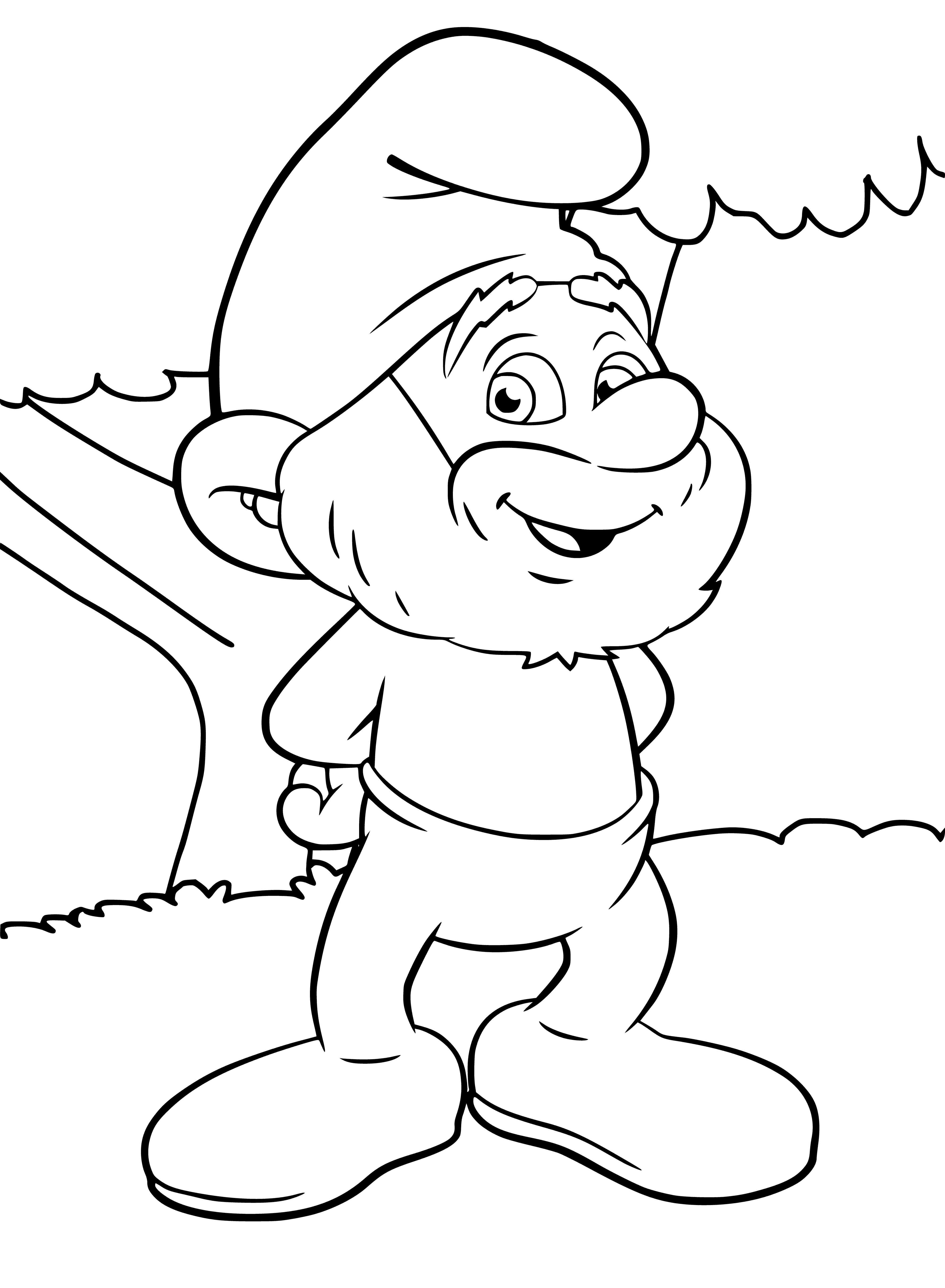 coloring page: Small blue creature with white pants and red hat, long white beard and staff, standing in front of mushroom house.