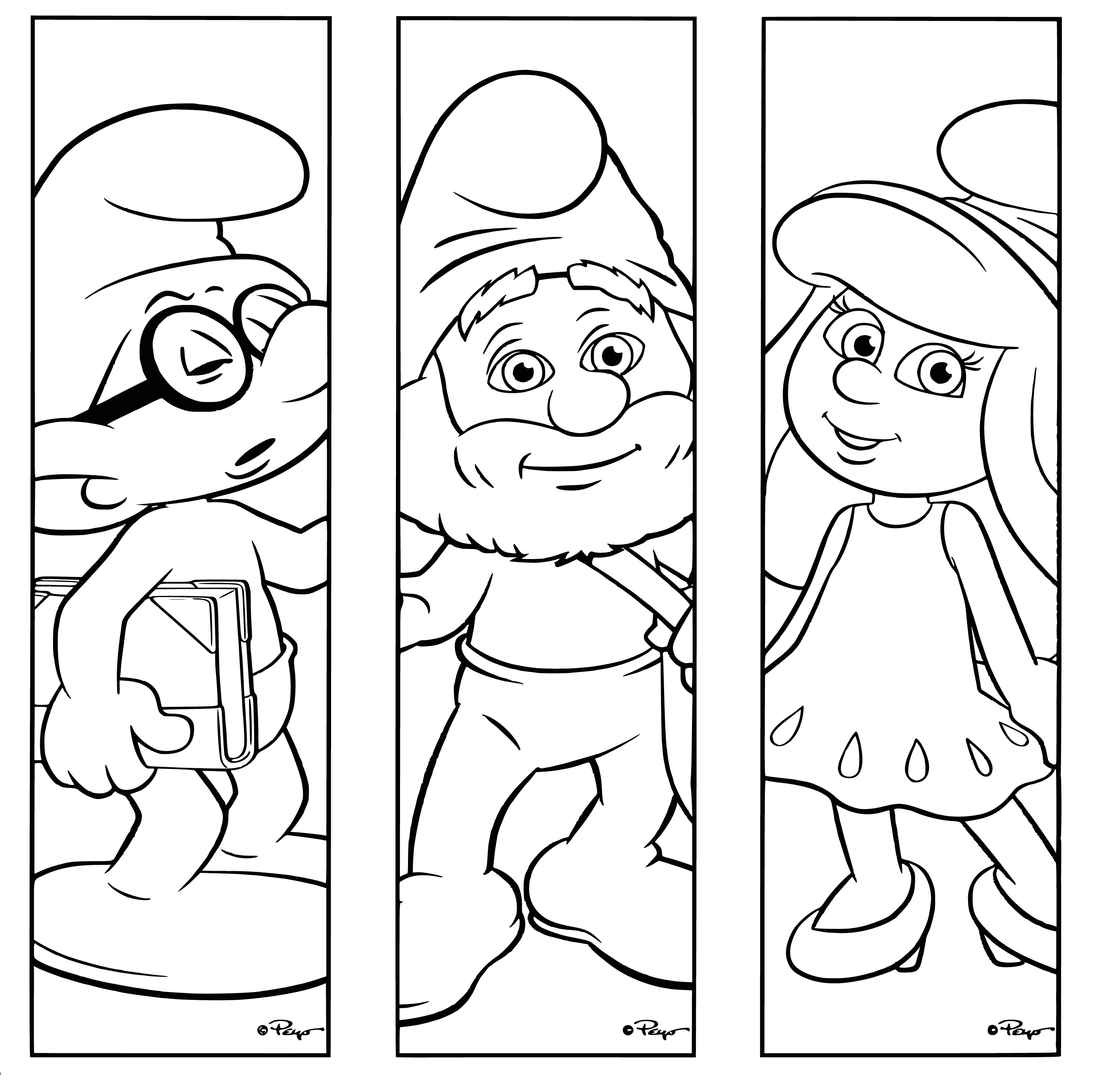 coloring page: Bookmarks feature #Smurfs from 1981 Hanna-Barbera series. Papa Smurf, Brainy, Hefty & Smurfette colored paged with blue skin, white trousers & red hat.