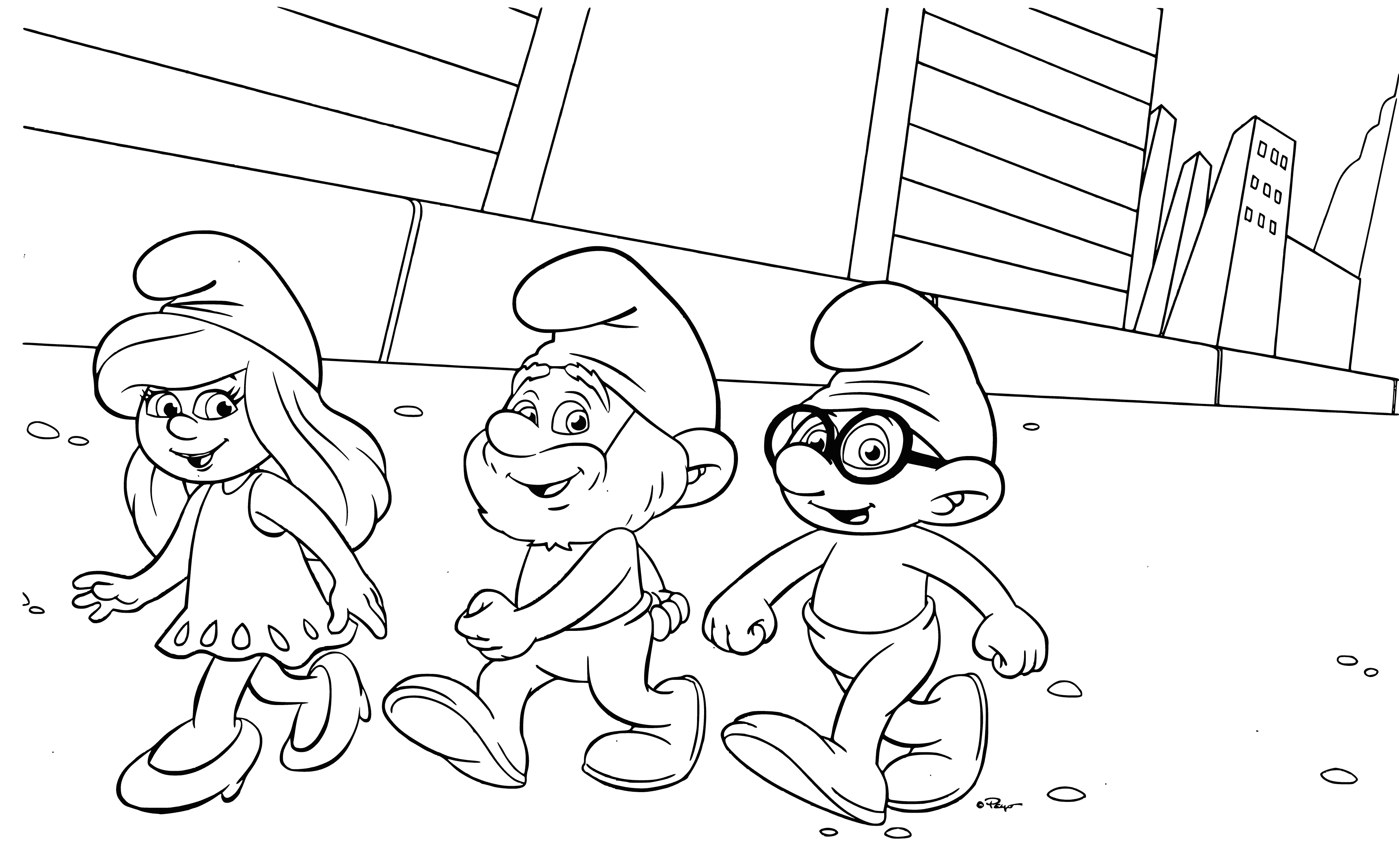 coloring page: The Smurfs are blue, have white hats/pants and have unique features: Smurfetta (pink flower), Pope Smurf (staff) and Prudent (book).