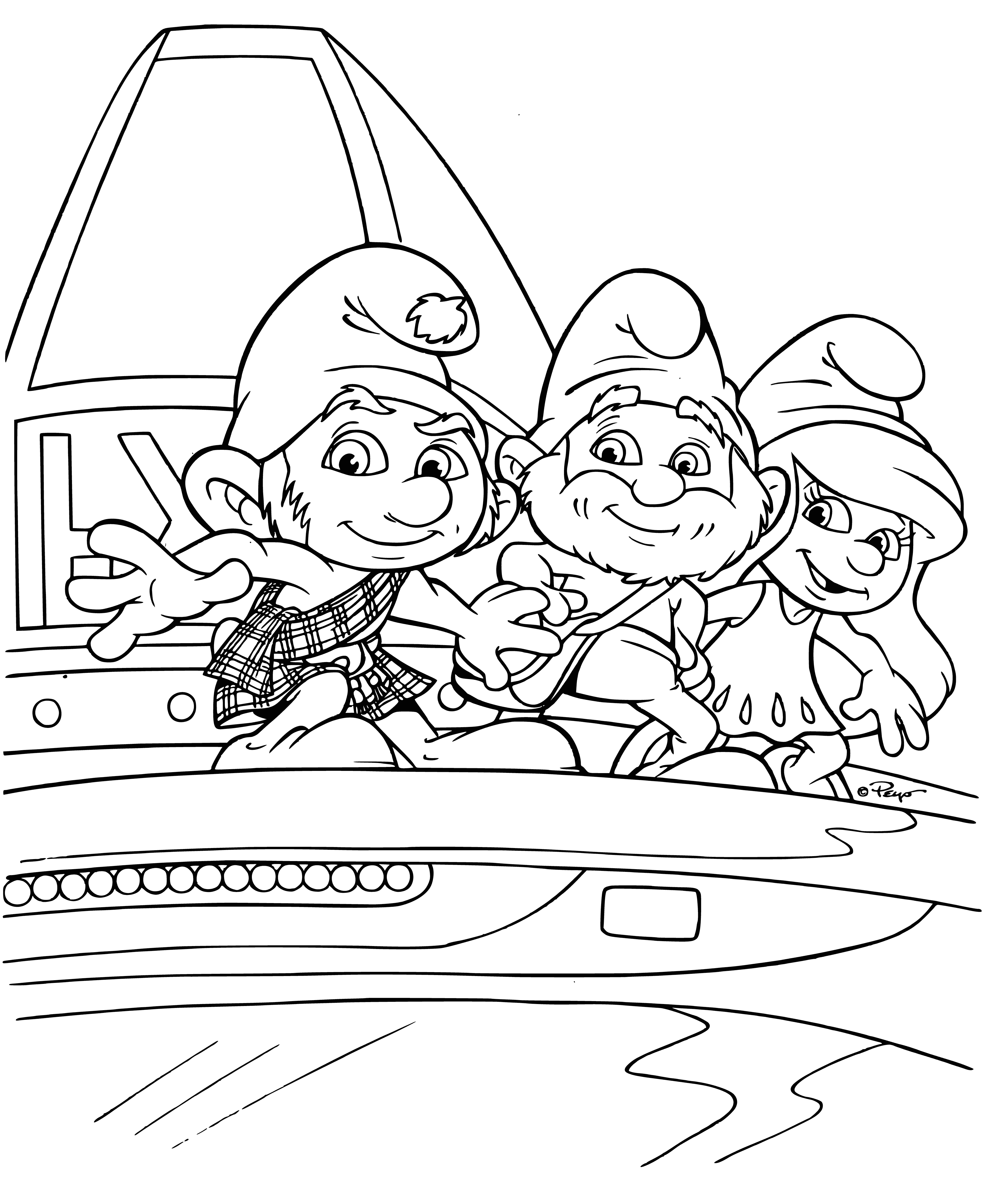 coloring page: The Smurfs in blue travel in the Smurfmobile with its white top & four white wheels. All smiles, they hold on tight. #Smurfs