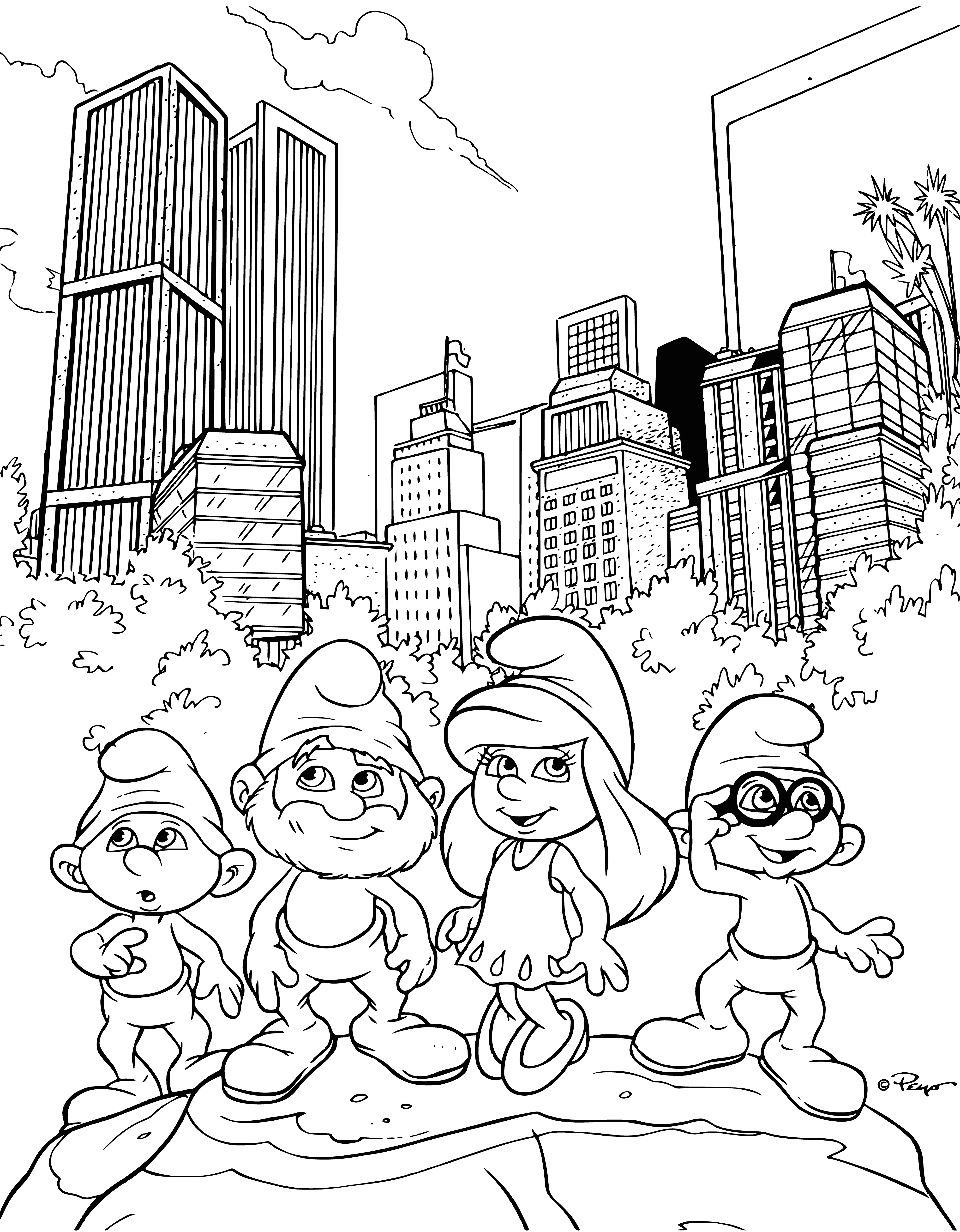 coloring page: Three blue smurfs chatting on a city street surrounded by tall buildings.