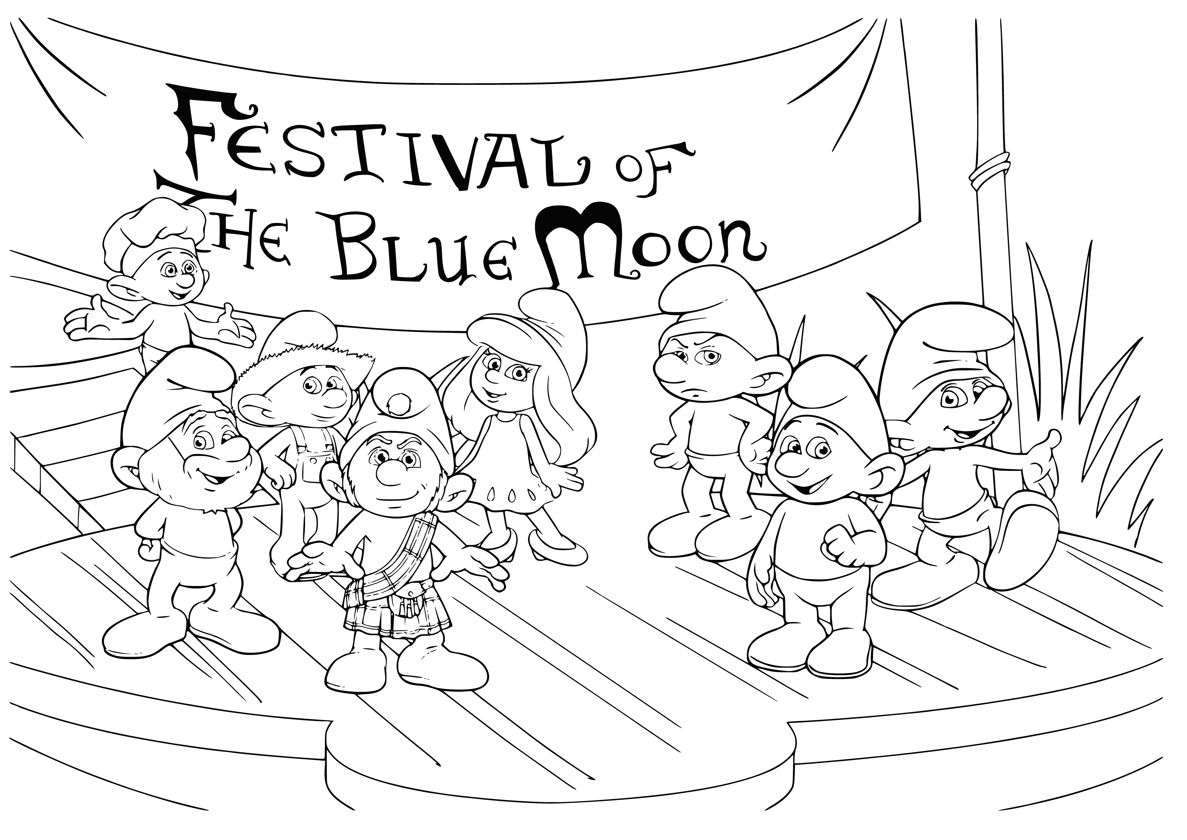 coloring page: Smurfs celebrate Blue Moon Festival wearing blue, some play music, others dance. #smurflife