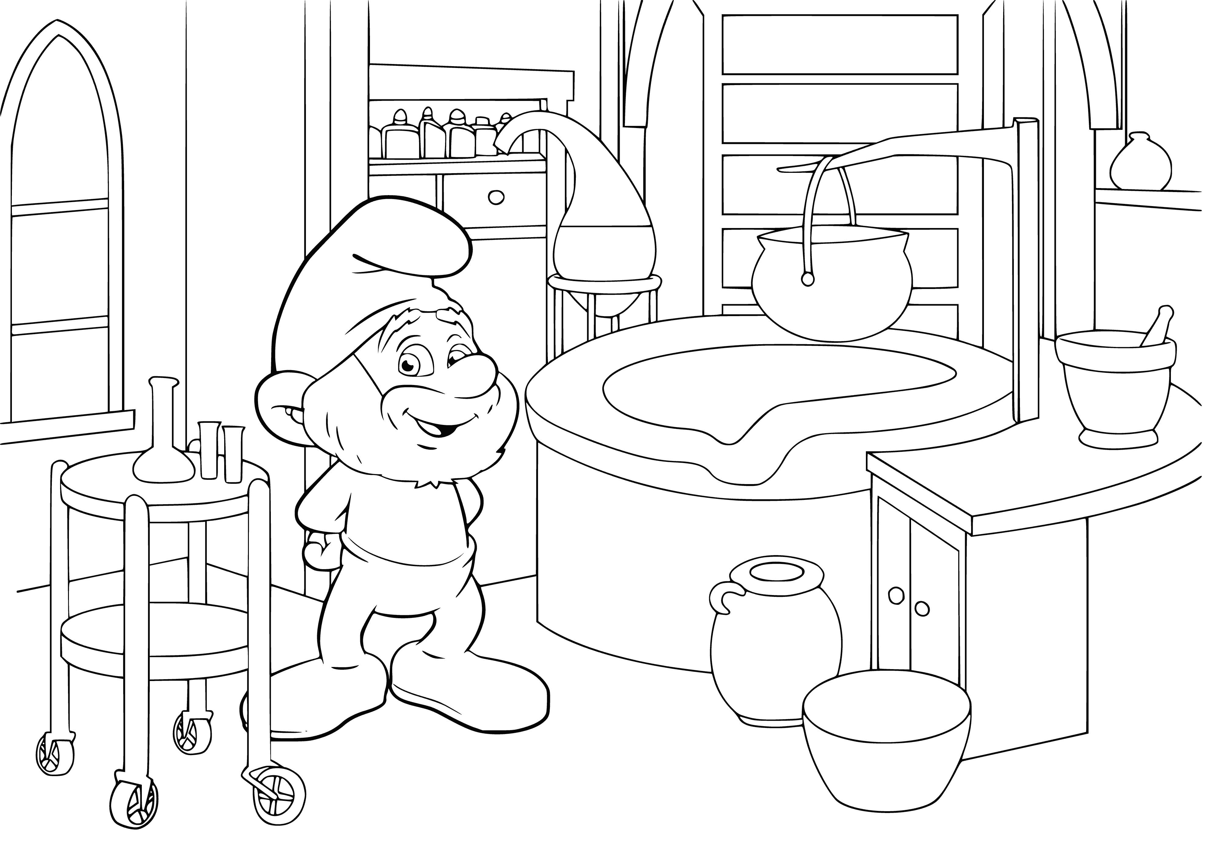 coloring page: Papa Smurf is the leader of the Smurfs; short, blue skinned, wears red pants and has a white beard and pointy red hat.