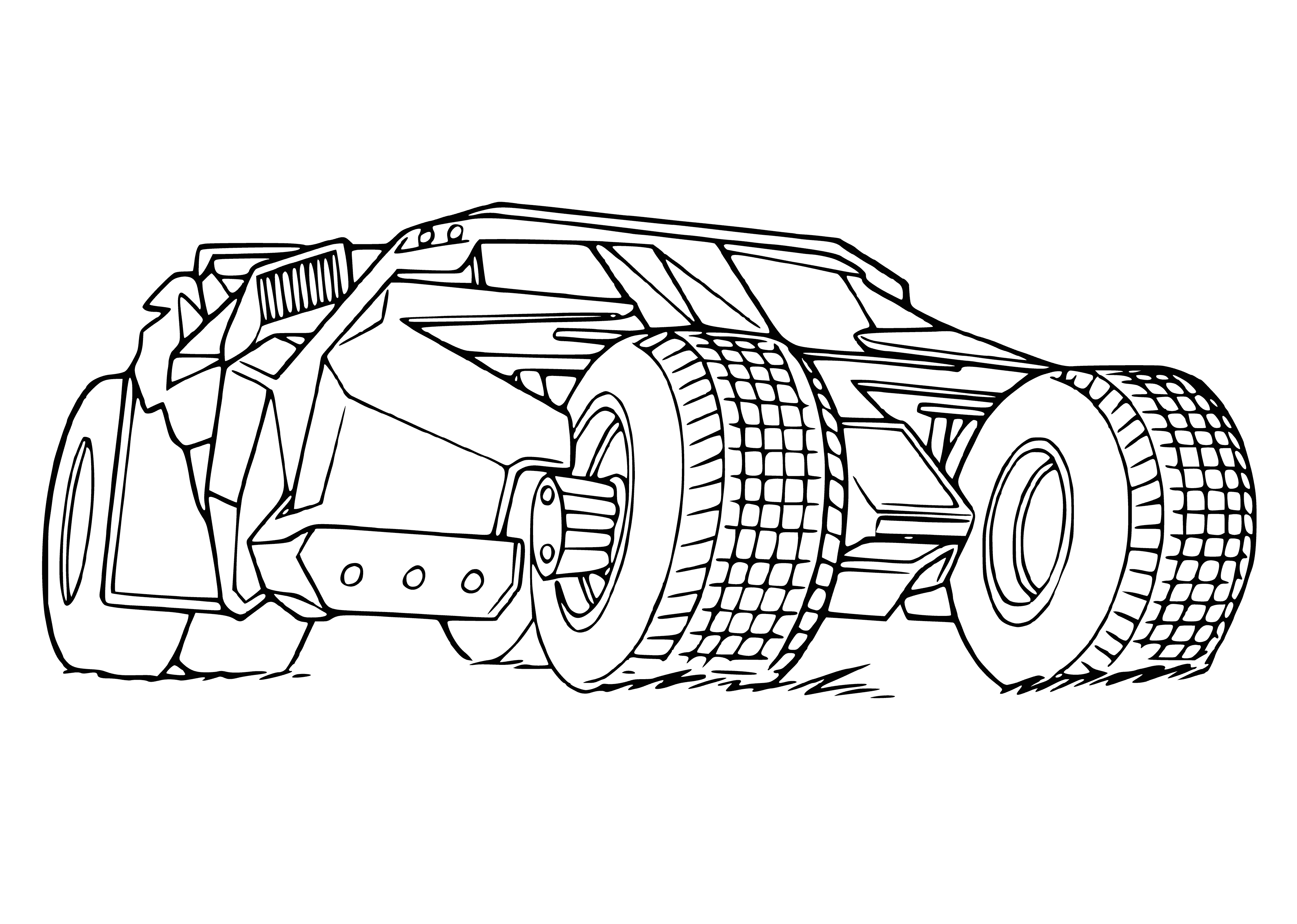 coloring page: Coloring page of Batman's mobile with his cape flowing, arms outstretched and a yellow symbol in the center.