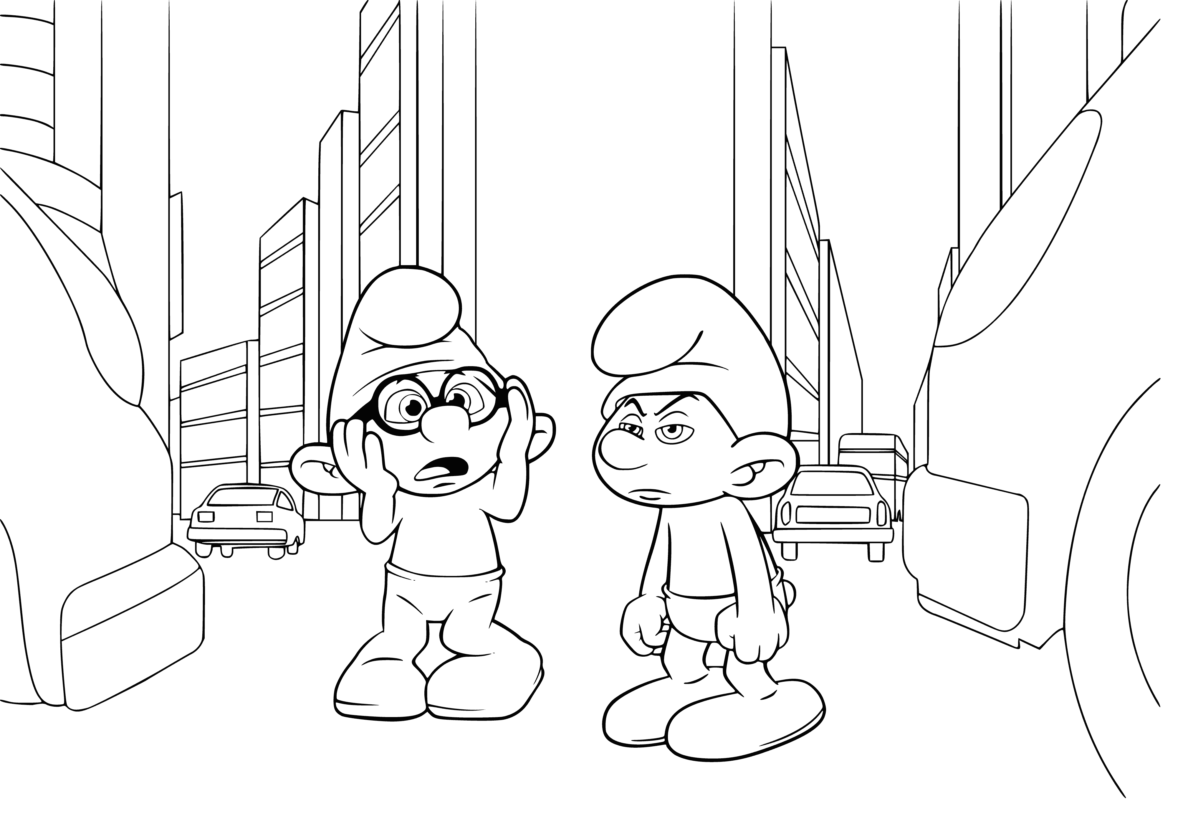 coloring page: Smurf Grumpy & Smurf Prudent: two blue Smurfs, crossed arms & same green leaves, one has stern look, other has disgruntled.