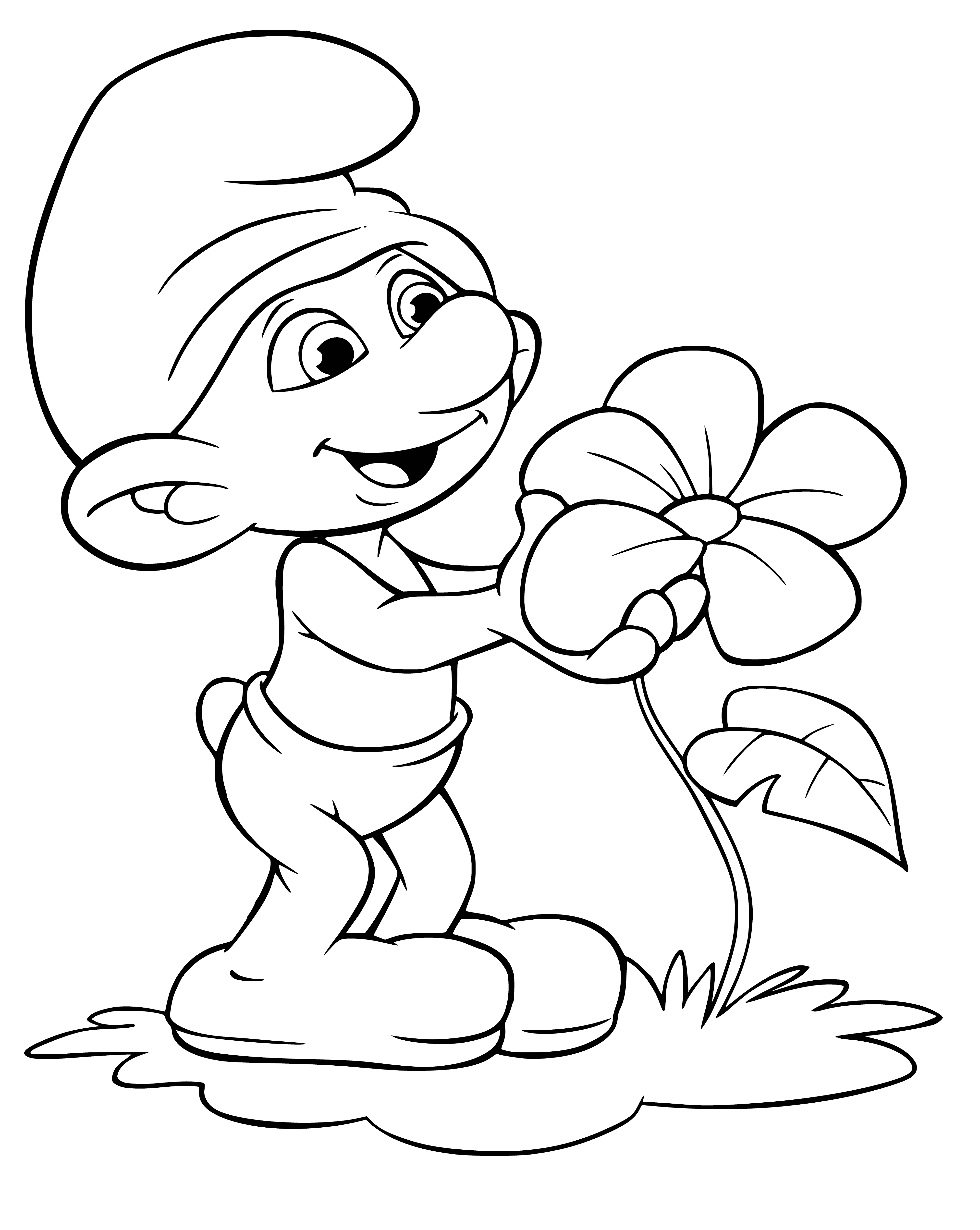 coloring page: Cute Smurf Rastyapa coloring page w/ blue body, white stomach, white spots; no nose, mouth, 2 eyes; short arms & legs. #coloring #Smurfs