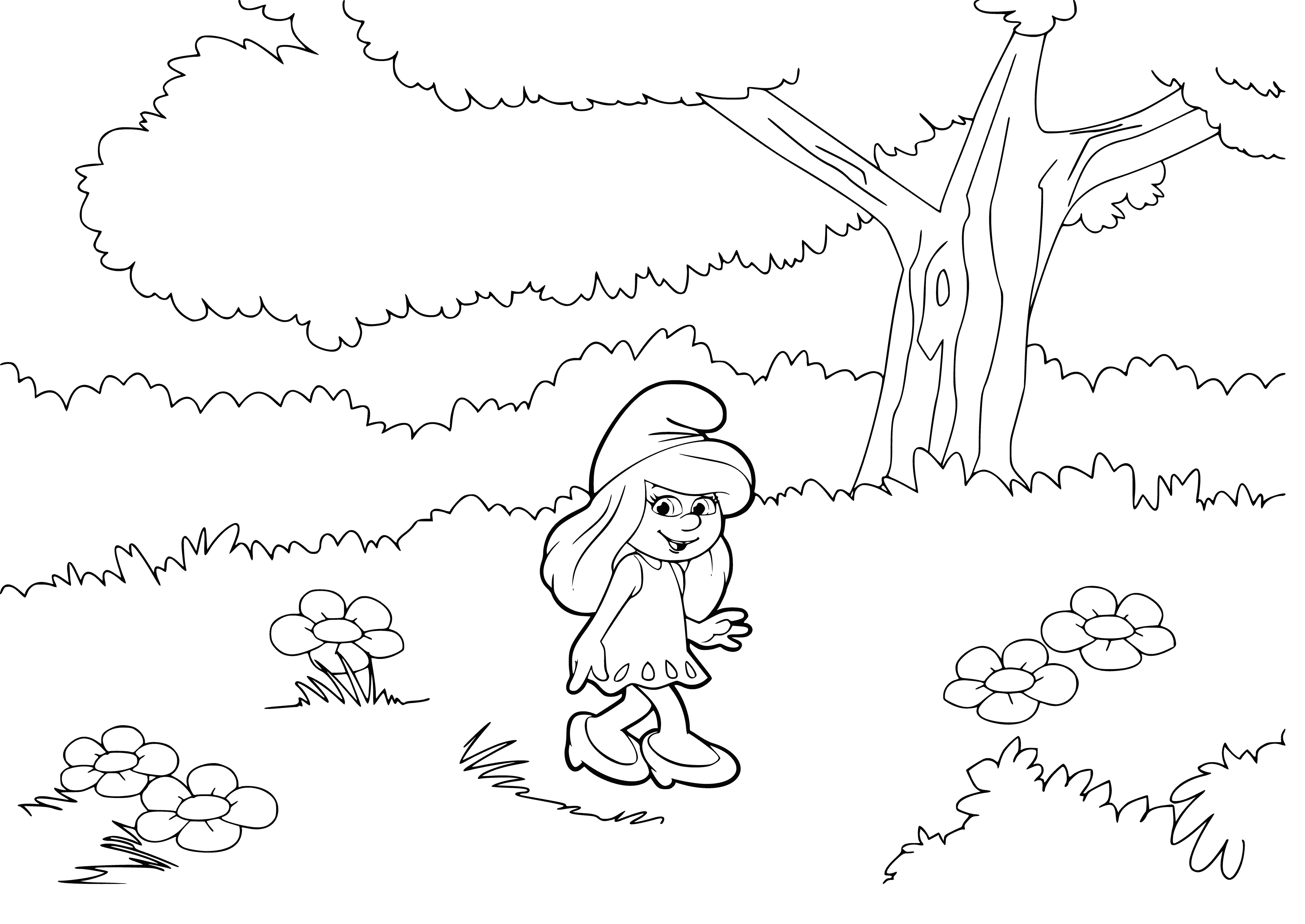coloring page: Creature with white hat & pants standing in front of mushroom house, holding a yellow flower in one hand. #coloringpage