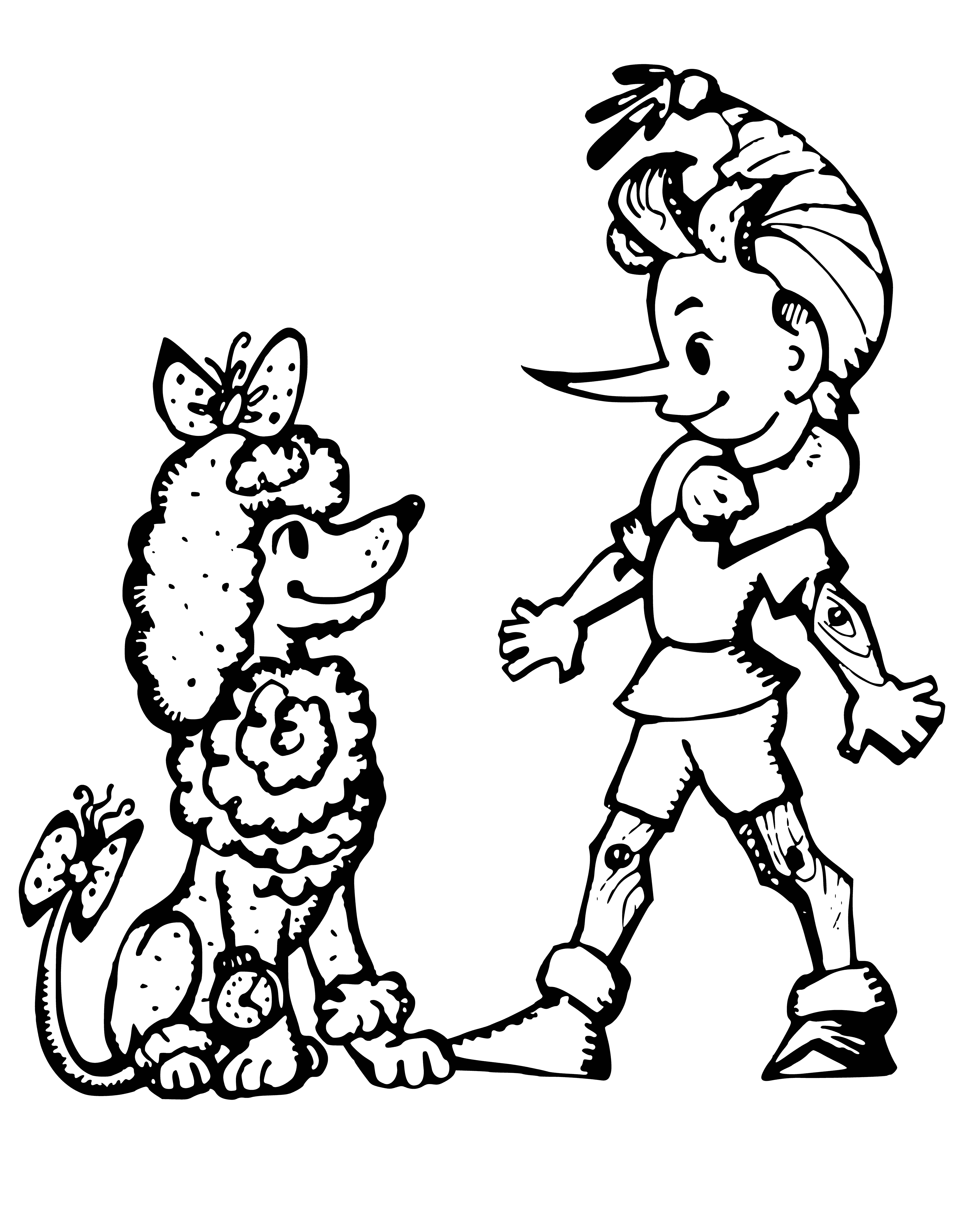 coloring page: Two friends, Poodle Artemon and Buratino, stand near the Golden Key. Artemon wears a blue coat & red scarf, Buratino a red coat & blue scarf. Both have big noses! #coloringpage #friendship
