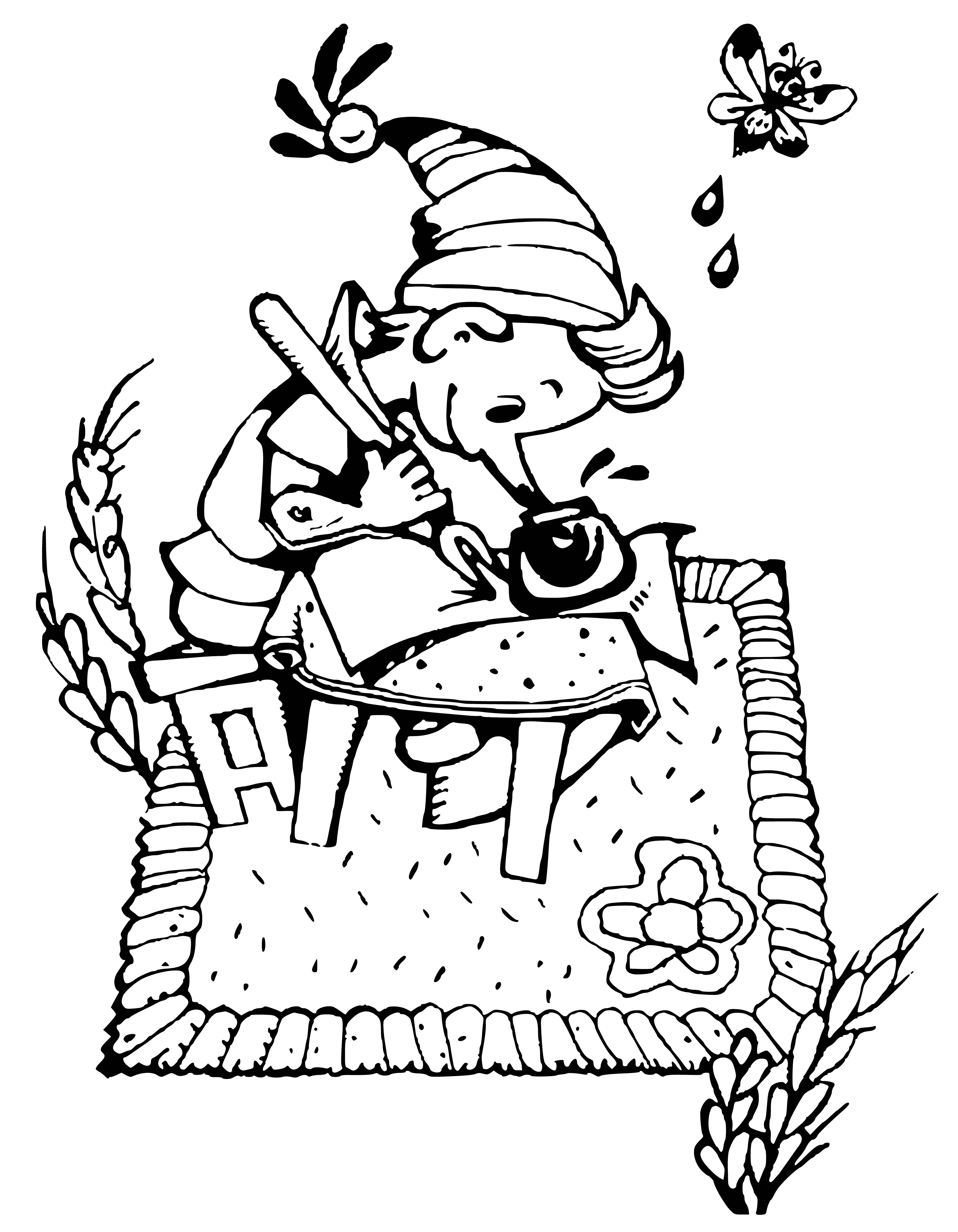 coloring page: Puppet cries, arms spread, resting head on hands atop books.