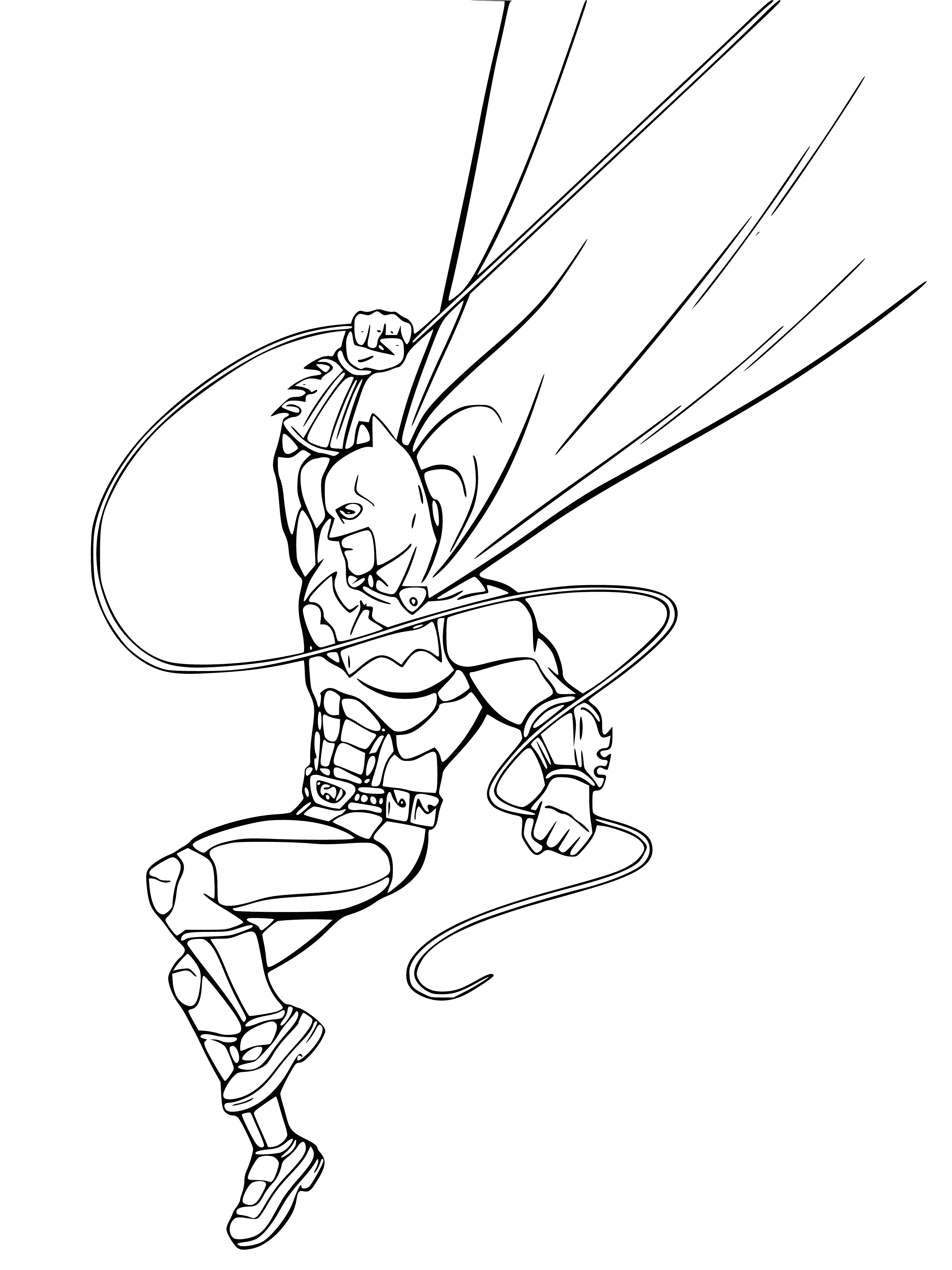 coloring page: Batman stands ready to protect Gotham City. Wearing his black cape and cowl and lit by the full moon, he is a force to be reckoned with. #Batman
