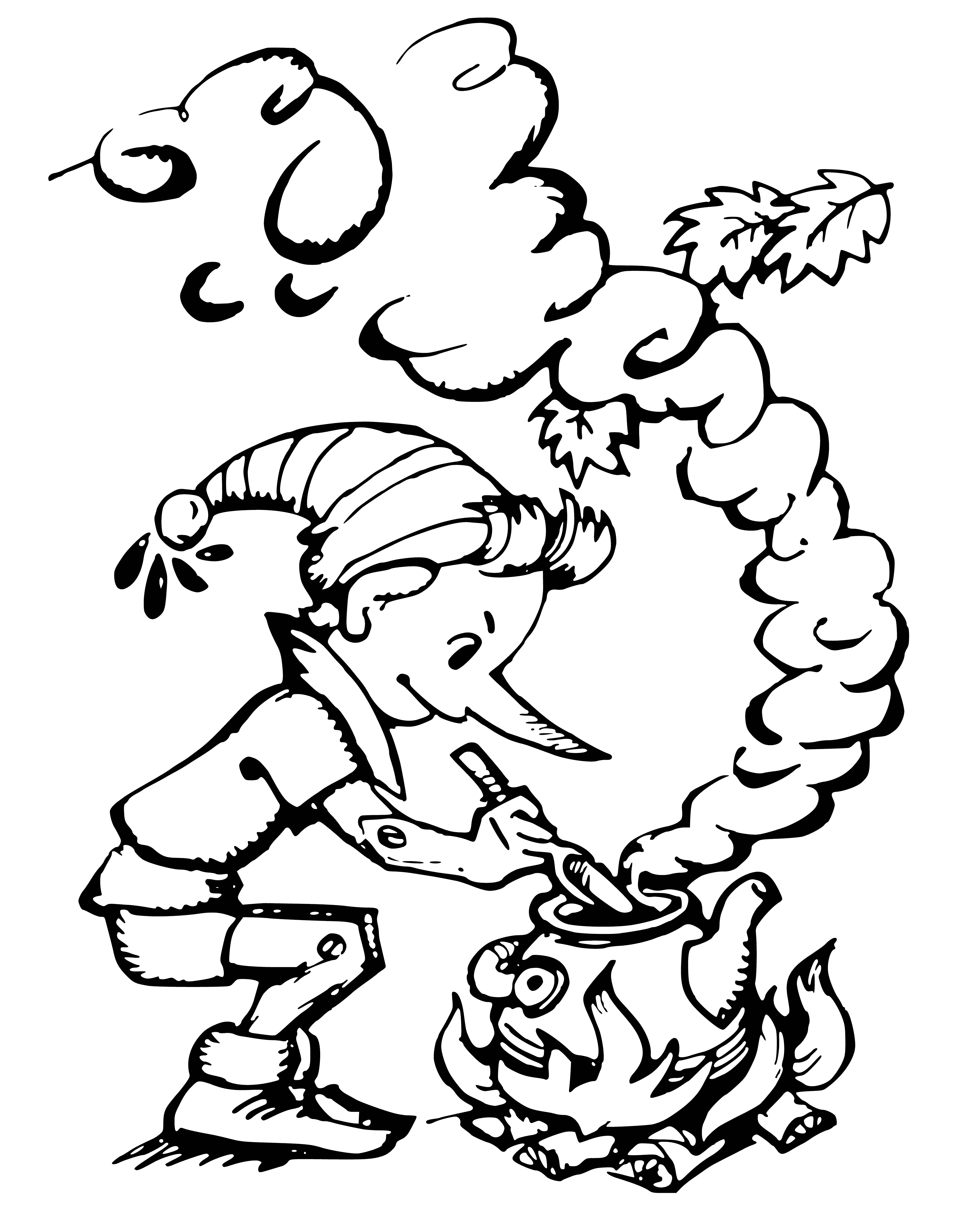 coloring page: Pinocchio is cooking a stew of veggies in the kitchen, stirring a large pot with a wooden spoon, and enjoying himself with his wooden coat and hat nearby.