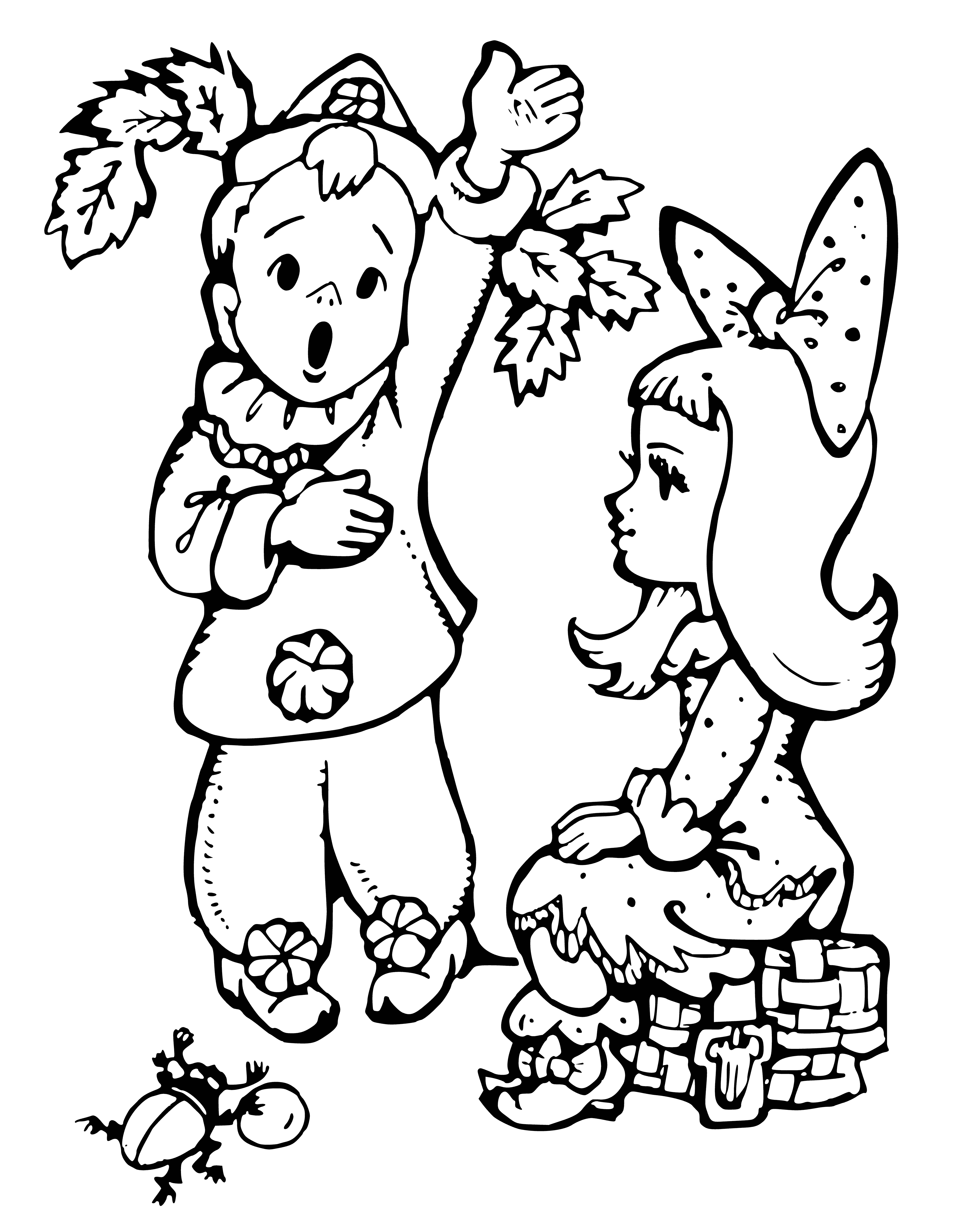 coloring page: Pierrot & Malvina, two kids with blonde hair & blue eyes, stand next to a big tree. Each wears different attire & has a small black nose & big black mouth.