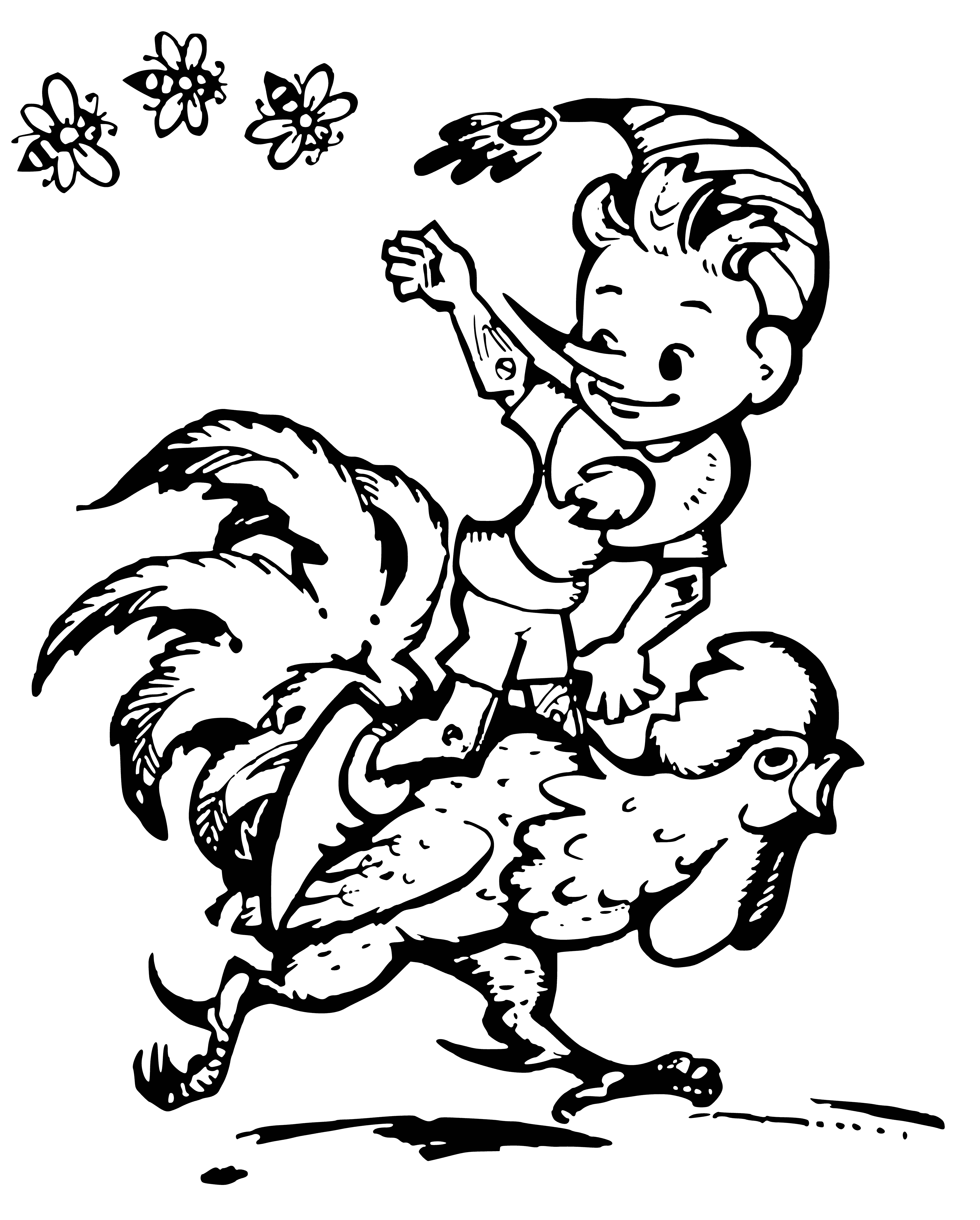 coloring page: Pinocchio riding a yellow, feathered cock, flying over a green landscape with trees, river, and castle. Face determined.