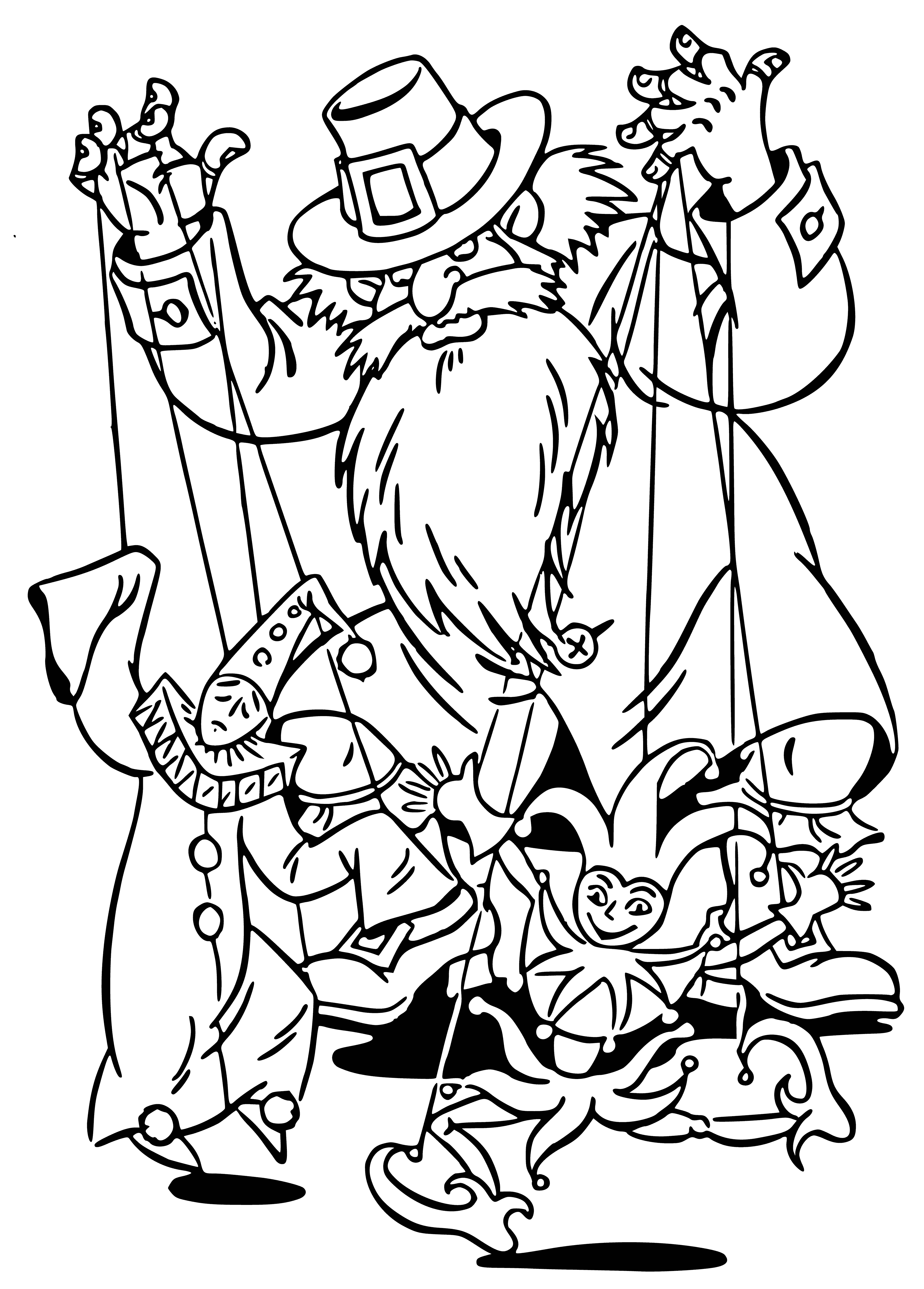 coloring page: An ancient book with text and coloring pages. In the middle: a puppet surrounded by a bearded man, woman with a flower, fox and cat looking at it with admiration.