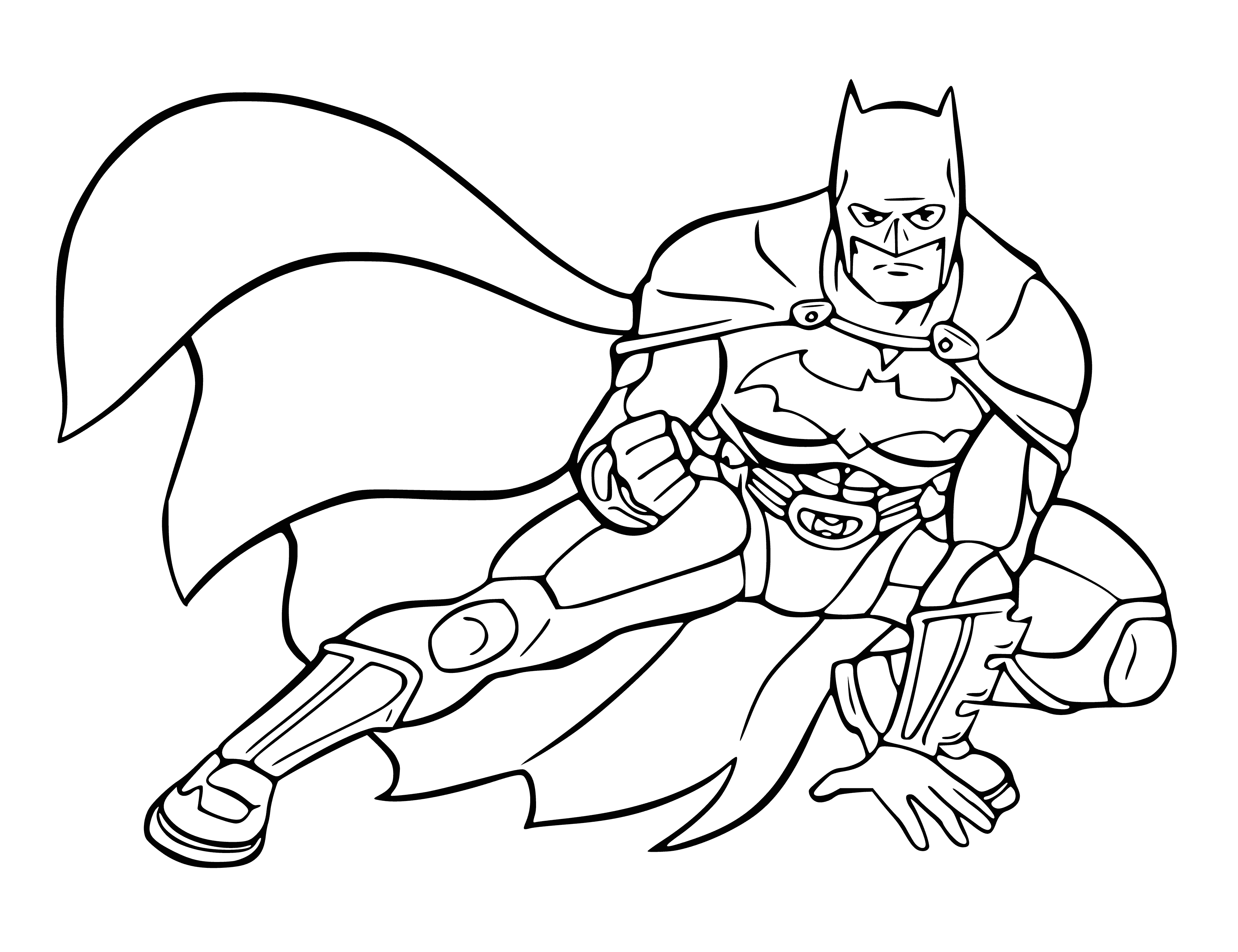 coloring page: Batman stands on top of a building, cape blowing in the wind, looking tough & confident. City skyline visible behind him.