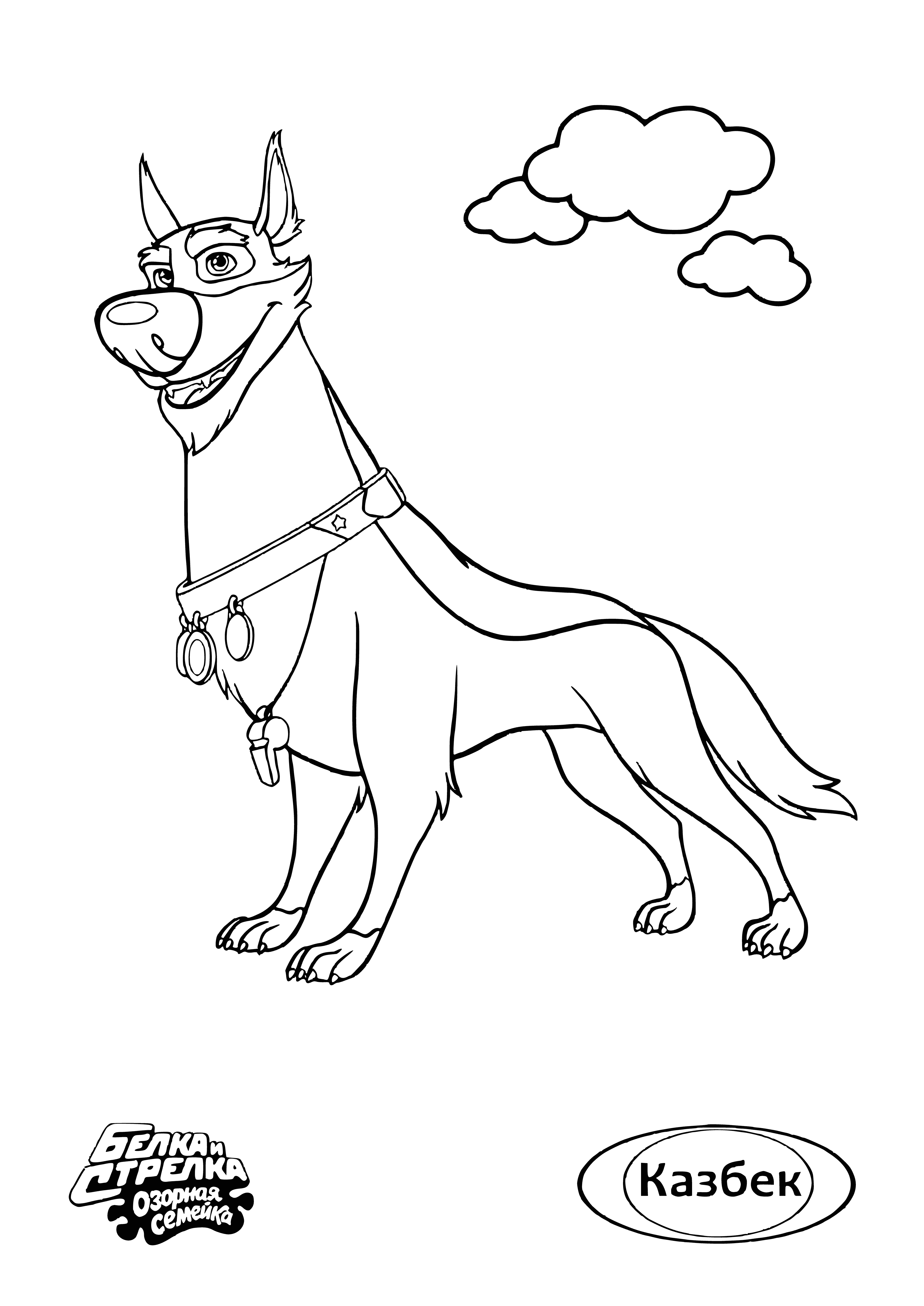 coloring page: Belka & Strelka are two mischievous, begging pups with a large dog behind them maybe their owner/caretaker.