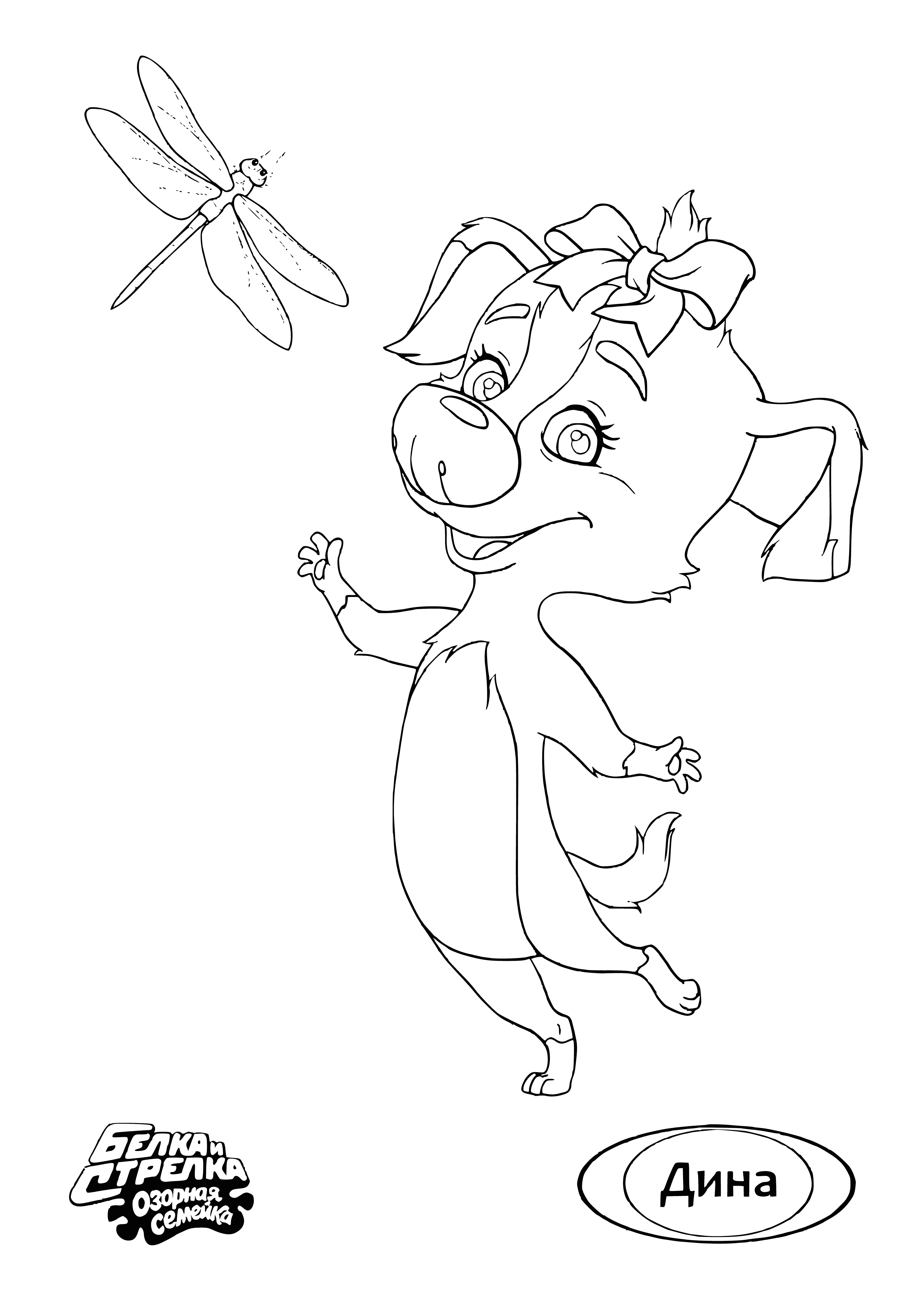 coloring page: Dog and dragonfly playing: dog lying on back, dragonfly flying around head; looks like it’s having fun.