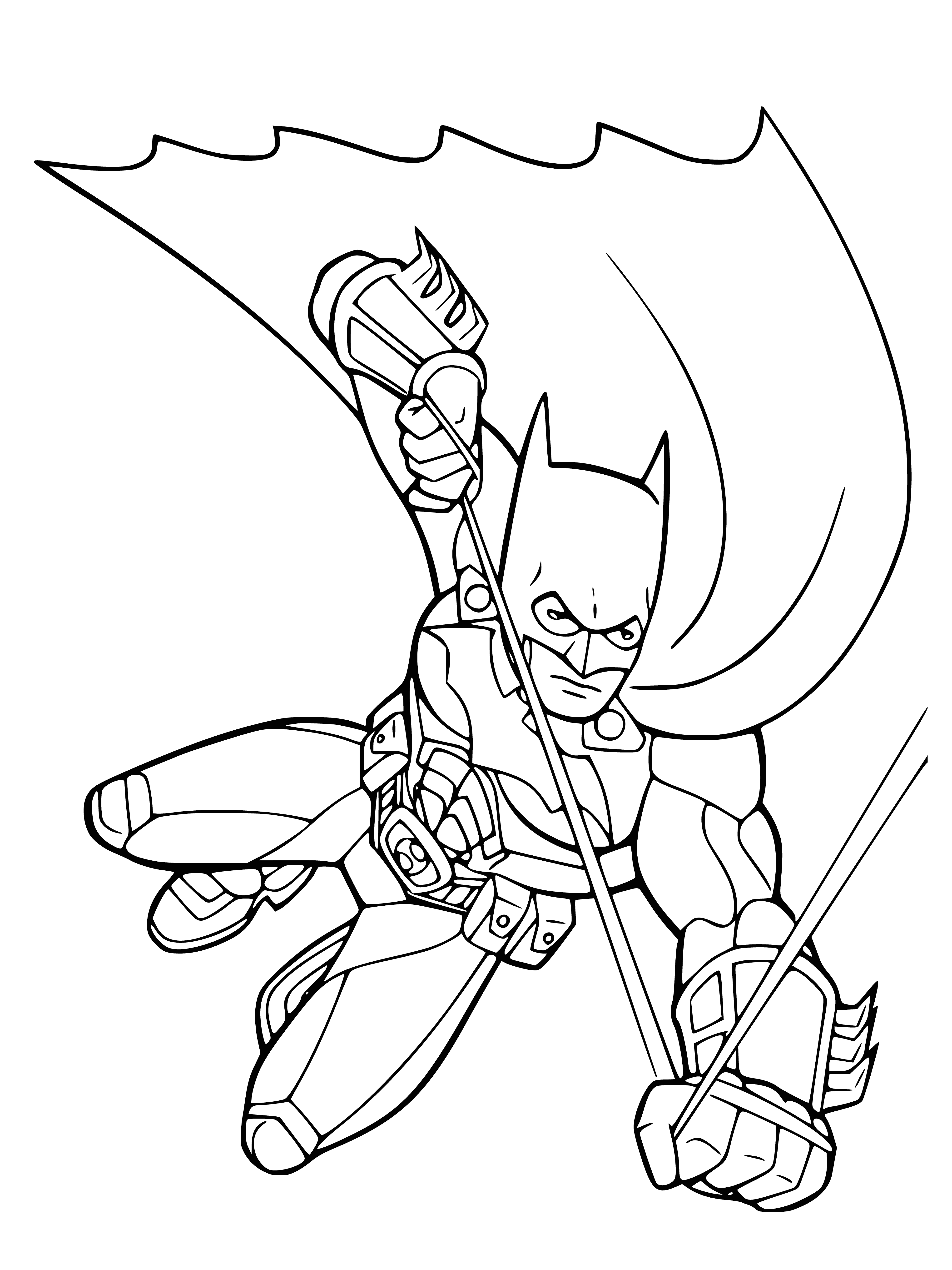 coloring page: 3 figures in Batman costumes on a city street w/ tall buildings & a large black Bat symbol on yellow bg. Words "Batman" above it in black.