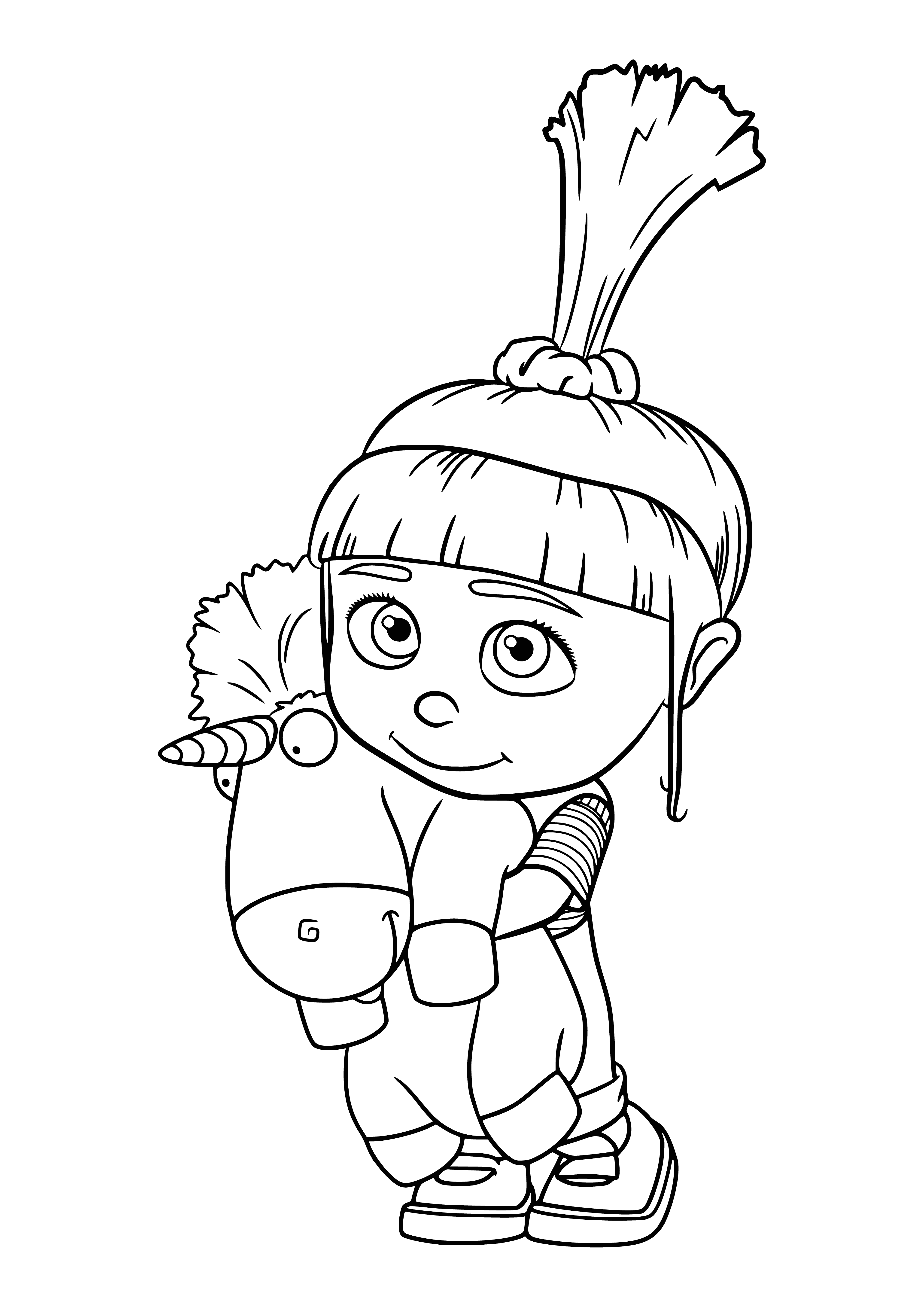 coloring page: Agnes from Despicable Me holds white unicorn with pink mane, tail, & gold horn in coloring page.