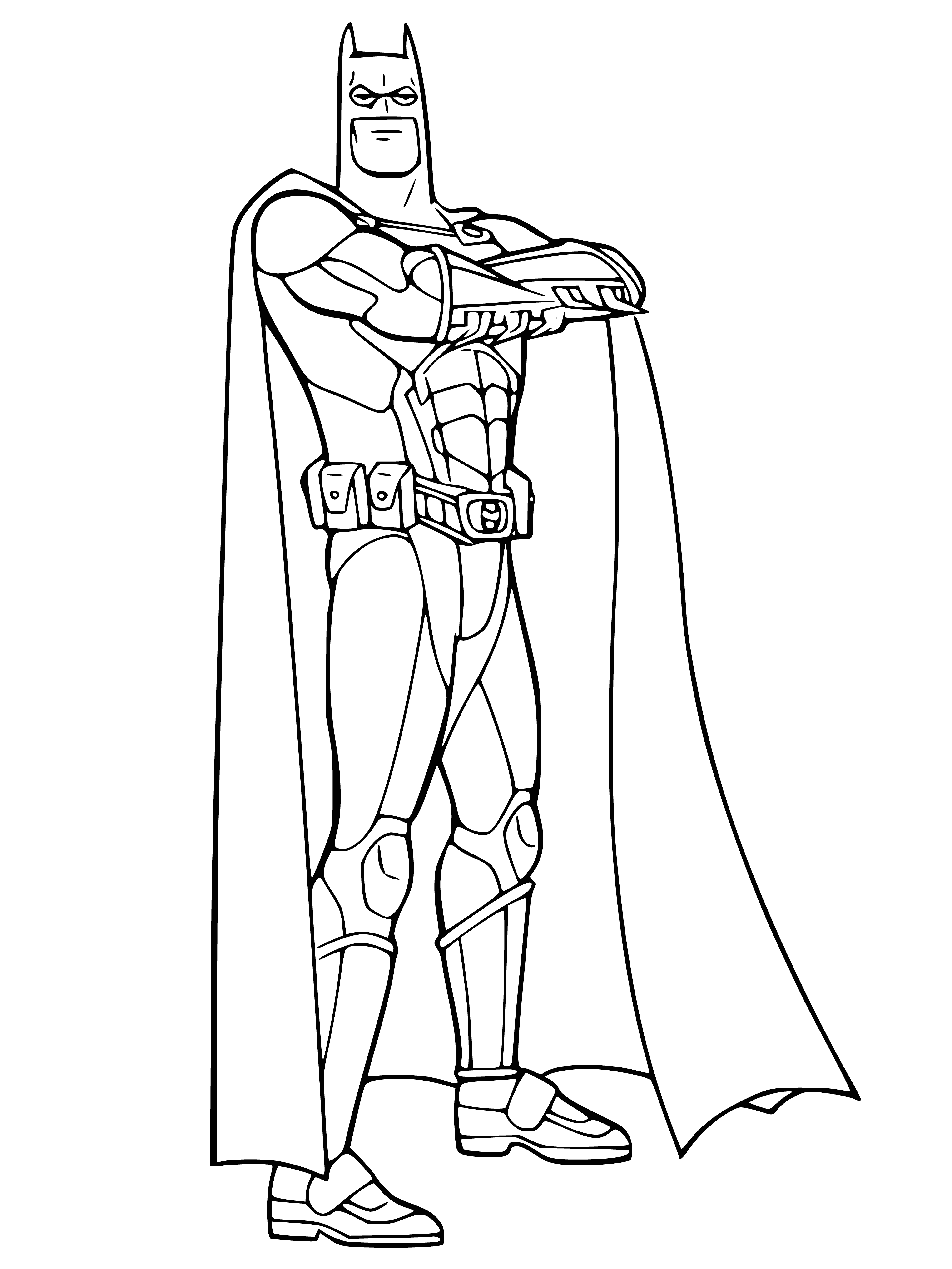 coloring page: Batman stands tall on a rooftop, cape billowing in the wind, a guardian of the night, confident and strong. #JusticeLeague