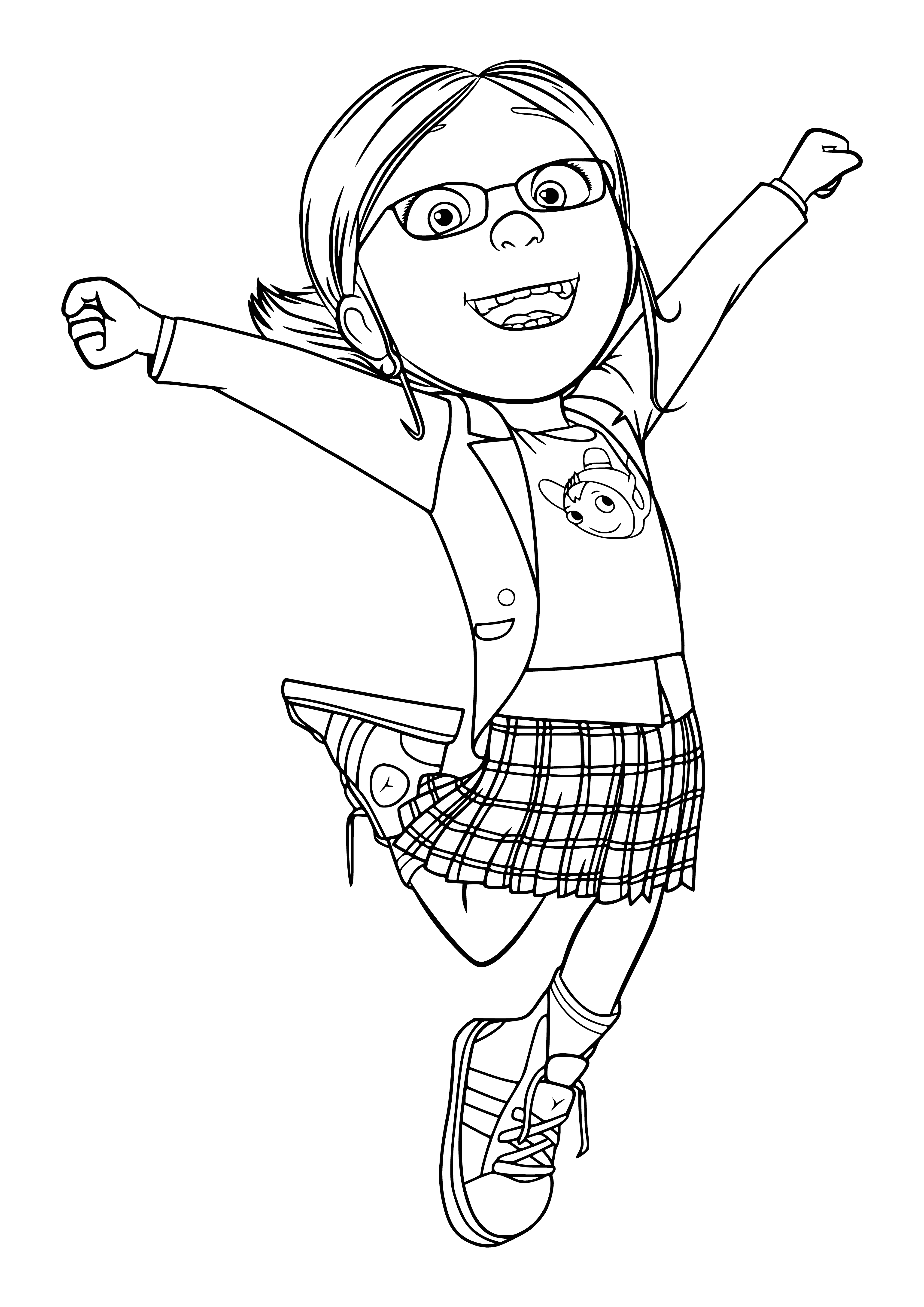 coloring page: Girl with curly brown hair stands in front of blue background wearing white w/ blue striped skirt & brown belt & shoes.