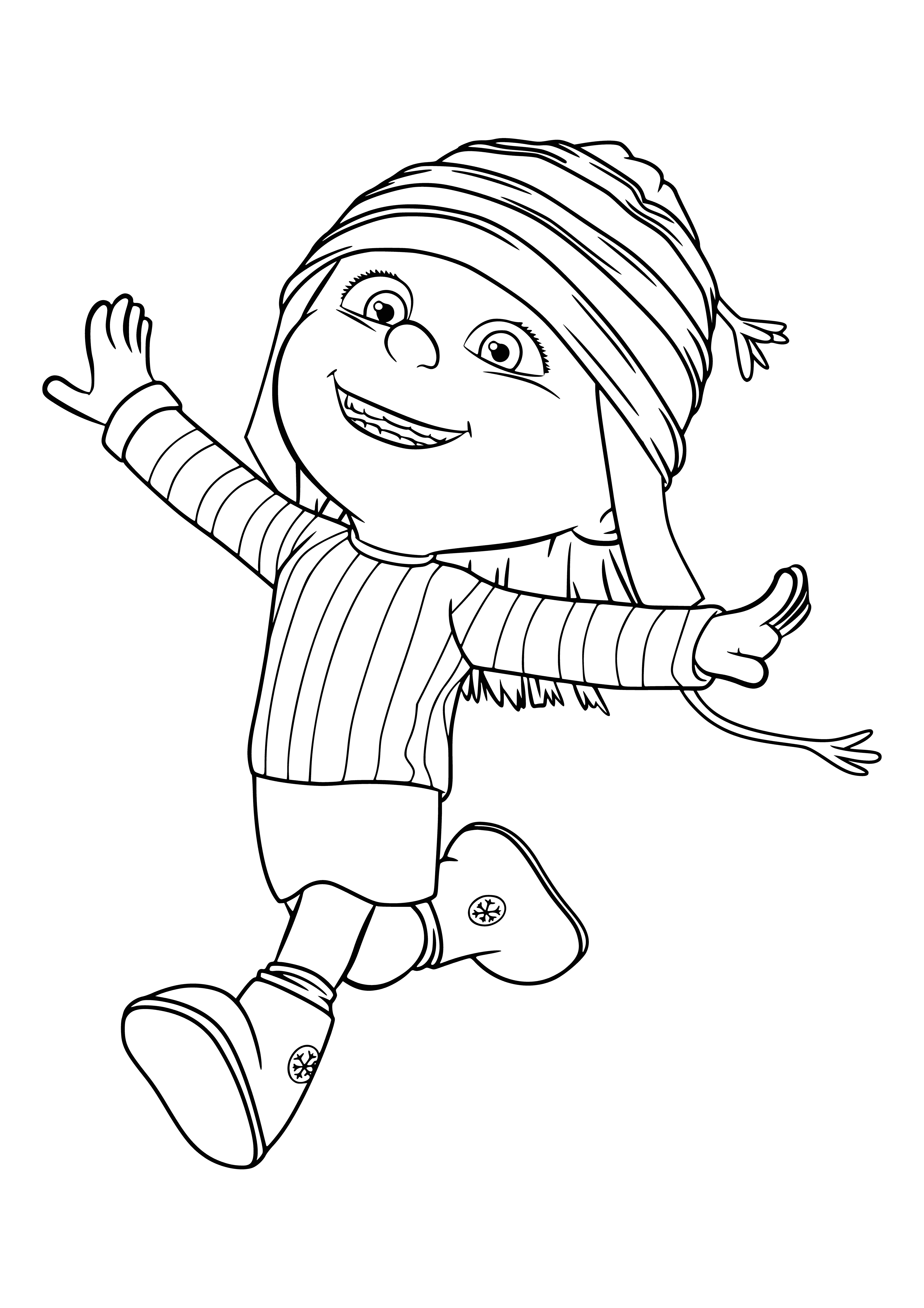 coloring page: Edith is a small brown-haired girl wearing a striped shirt and a blue backpack. Big eyes, a big head and a small mouth.
