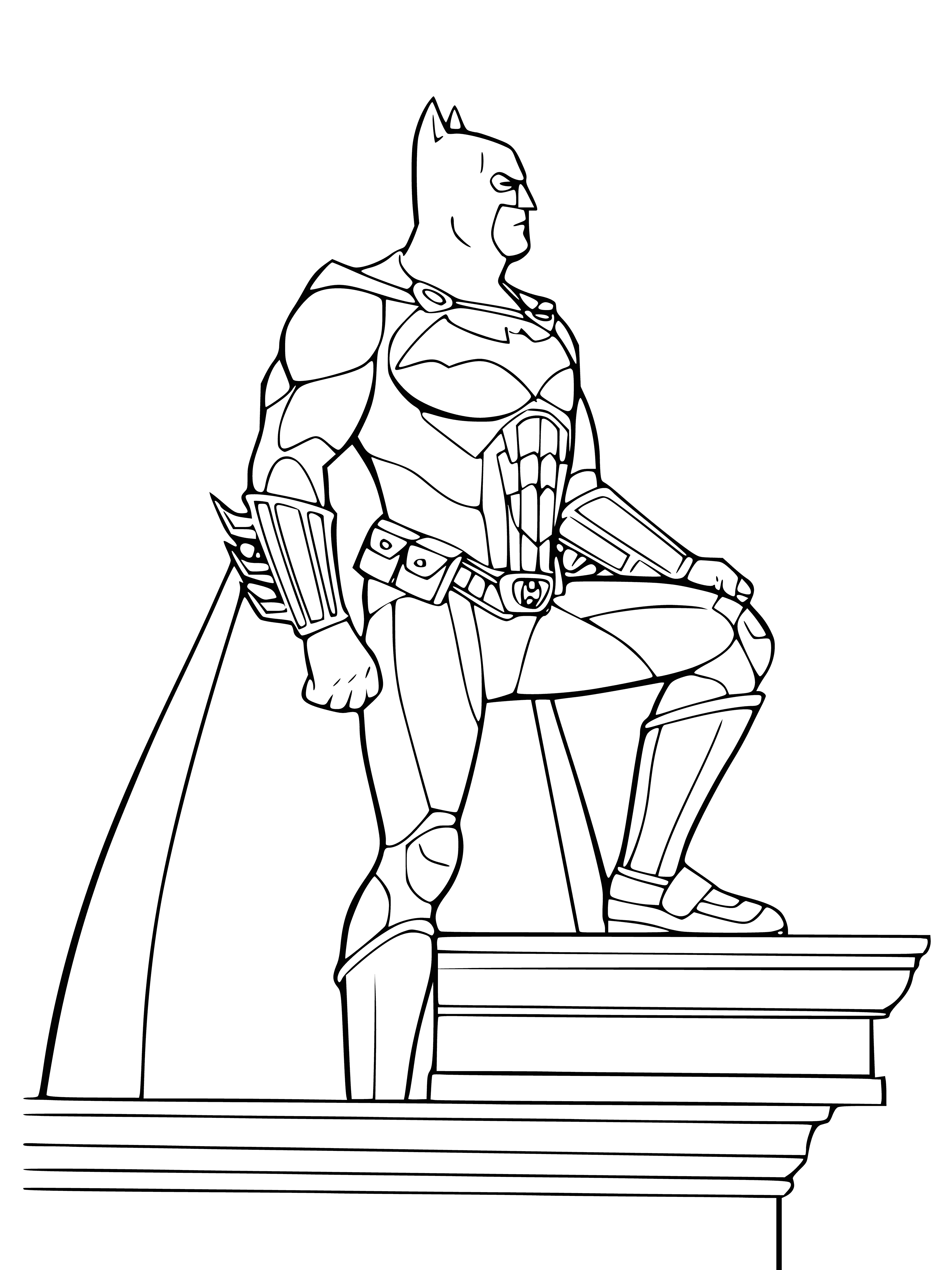 coloring page: Mysterious figure stands atop a building, cape billowing in the wind, goggles concealing their eyes, ready to act.