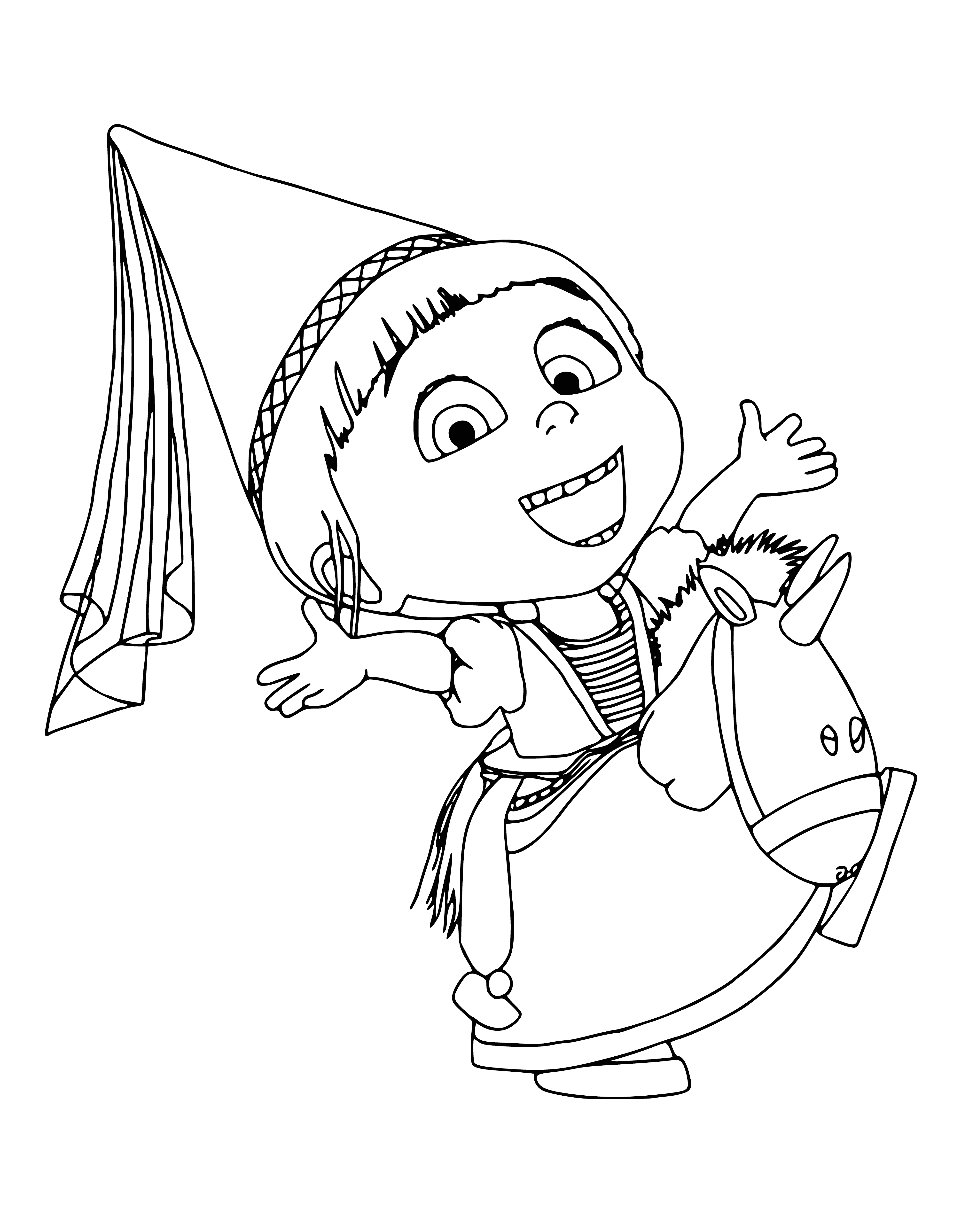 coloring page: Little girl Agnes in a purple dress with a white collar, big bow, and holding a stuffed animal.