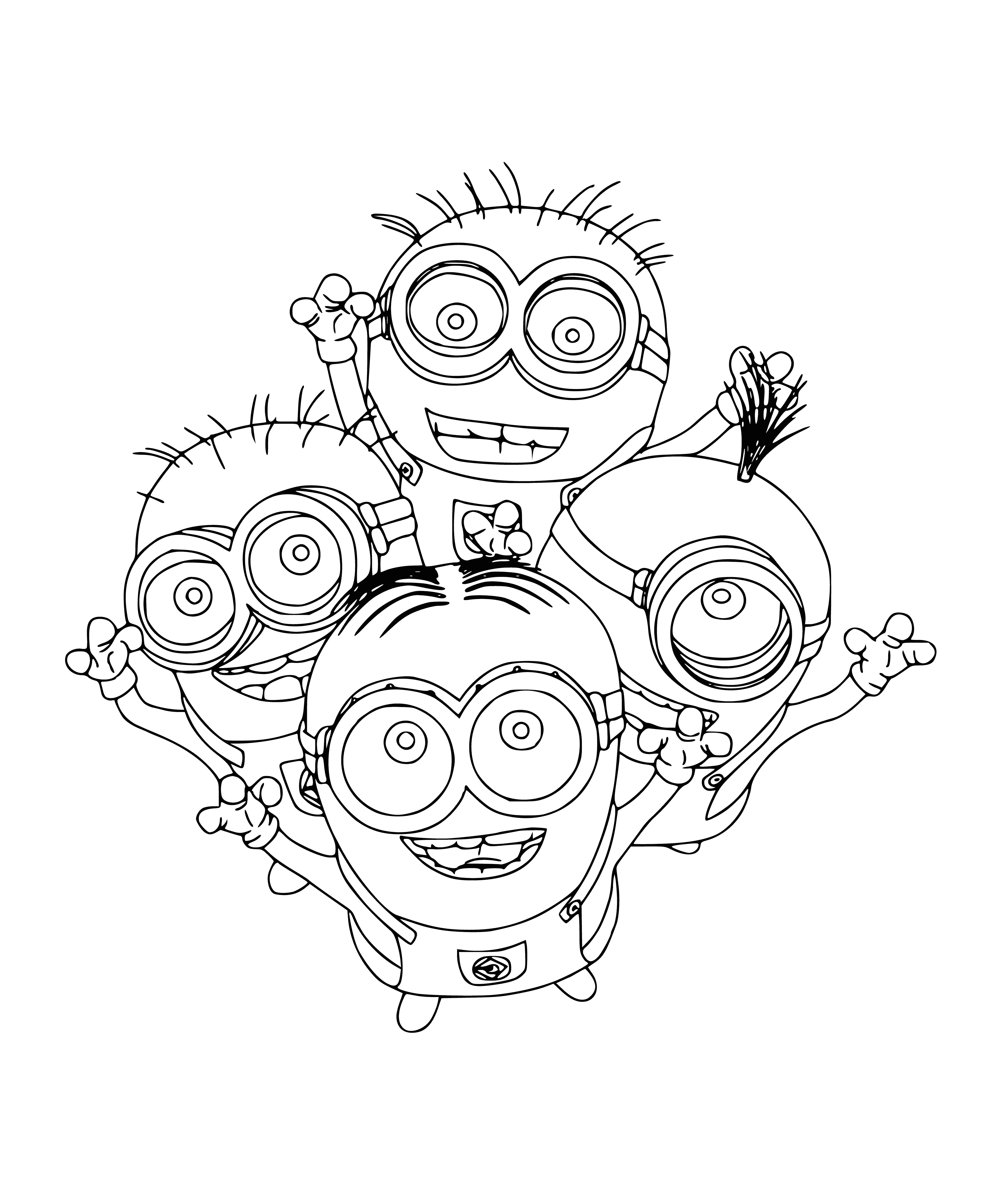coloring page: Minion Mignon waves hello, holding a cupcake and wearing a polka dot dress and apron, with two braids. #MinionMignon