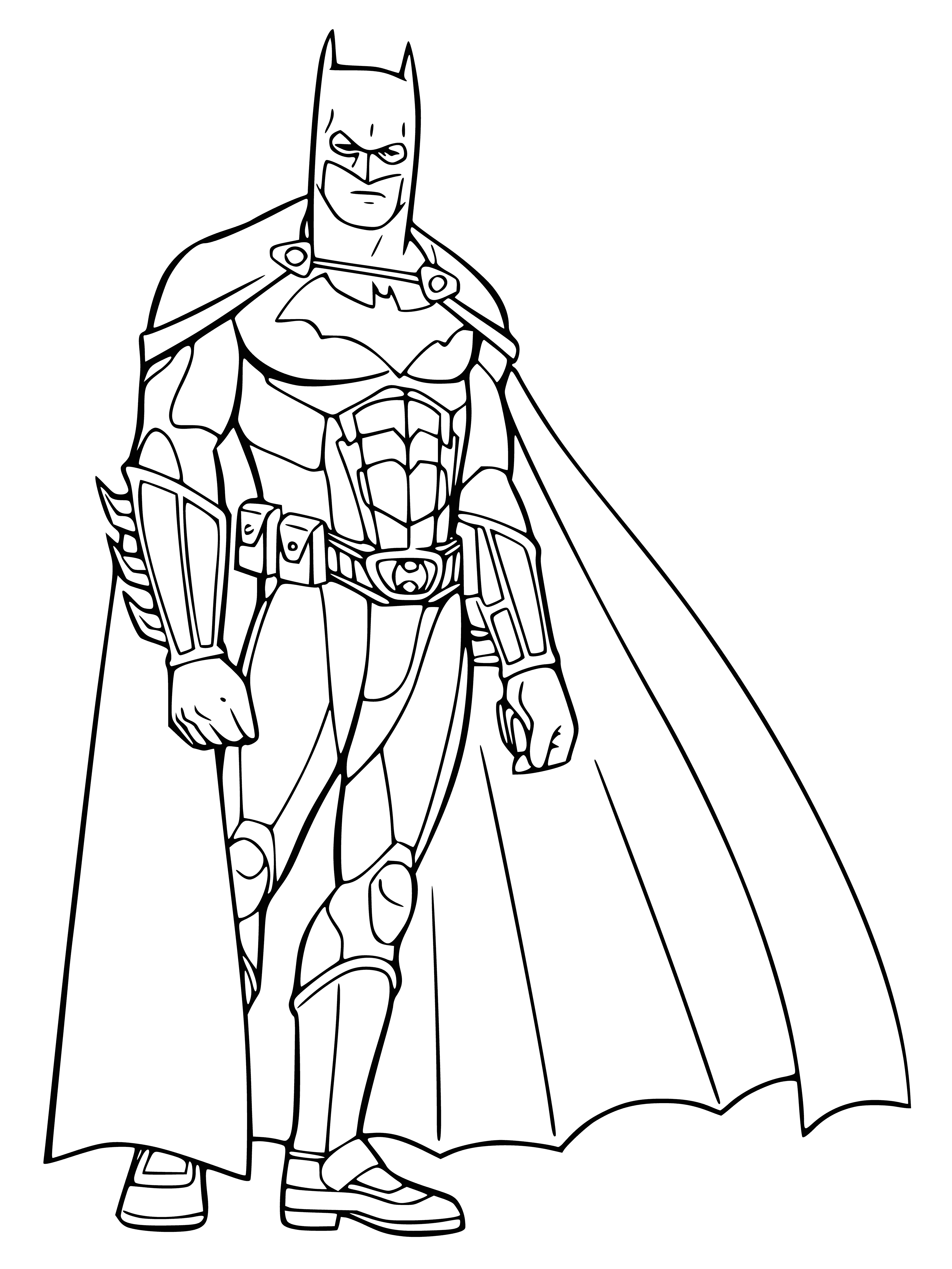 coloring page: A man stands screaming in a suit and black cape in the wind and rain, mask covering his eyes.