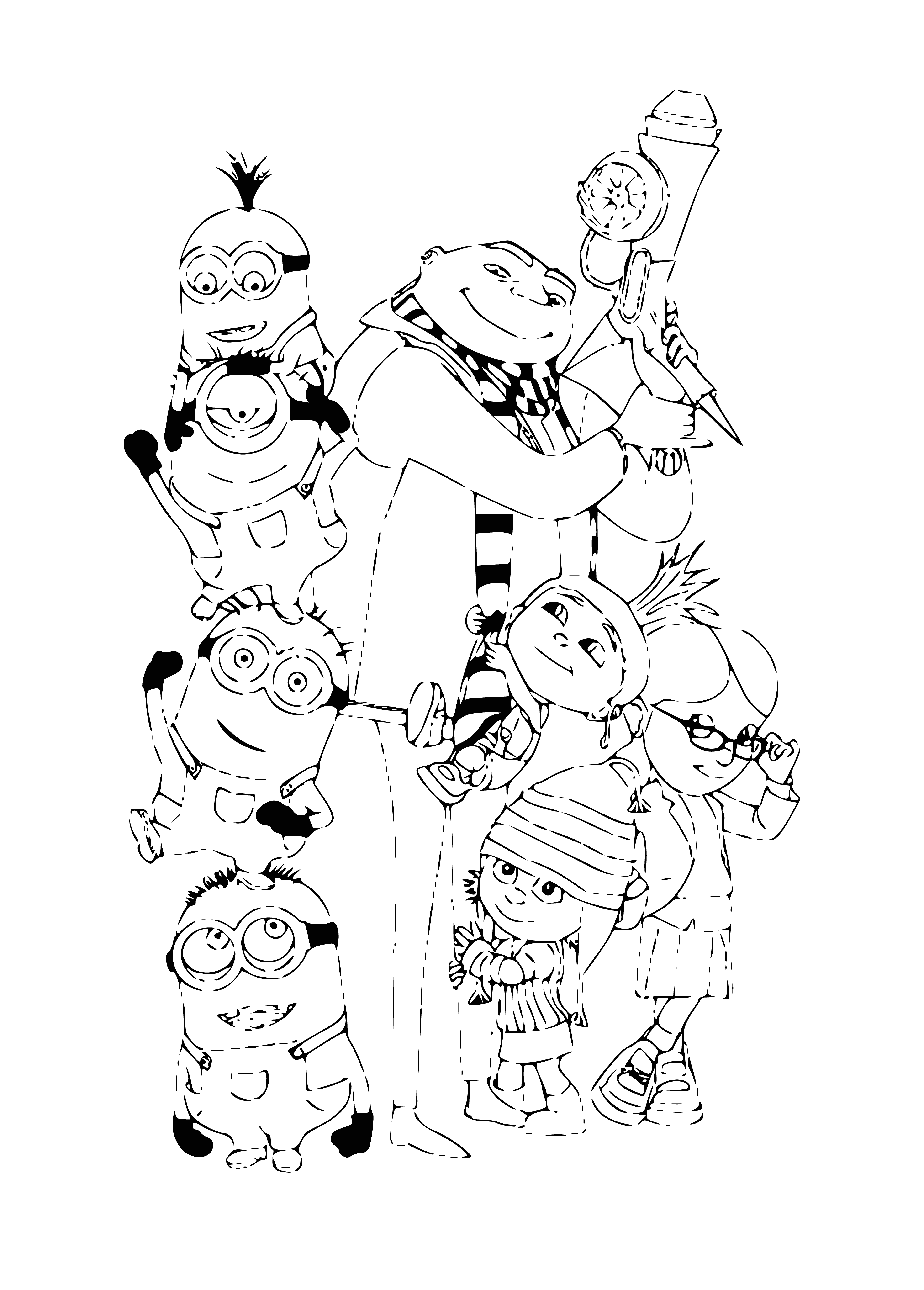 Gru, minions and girls coloring page