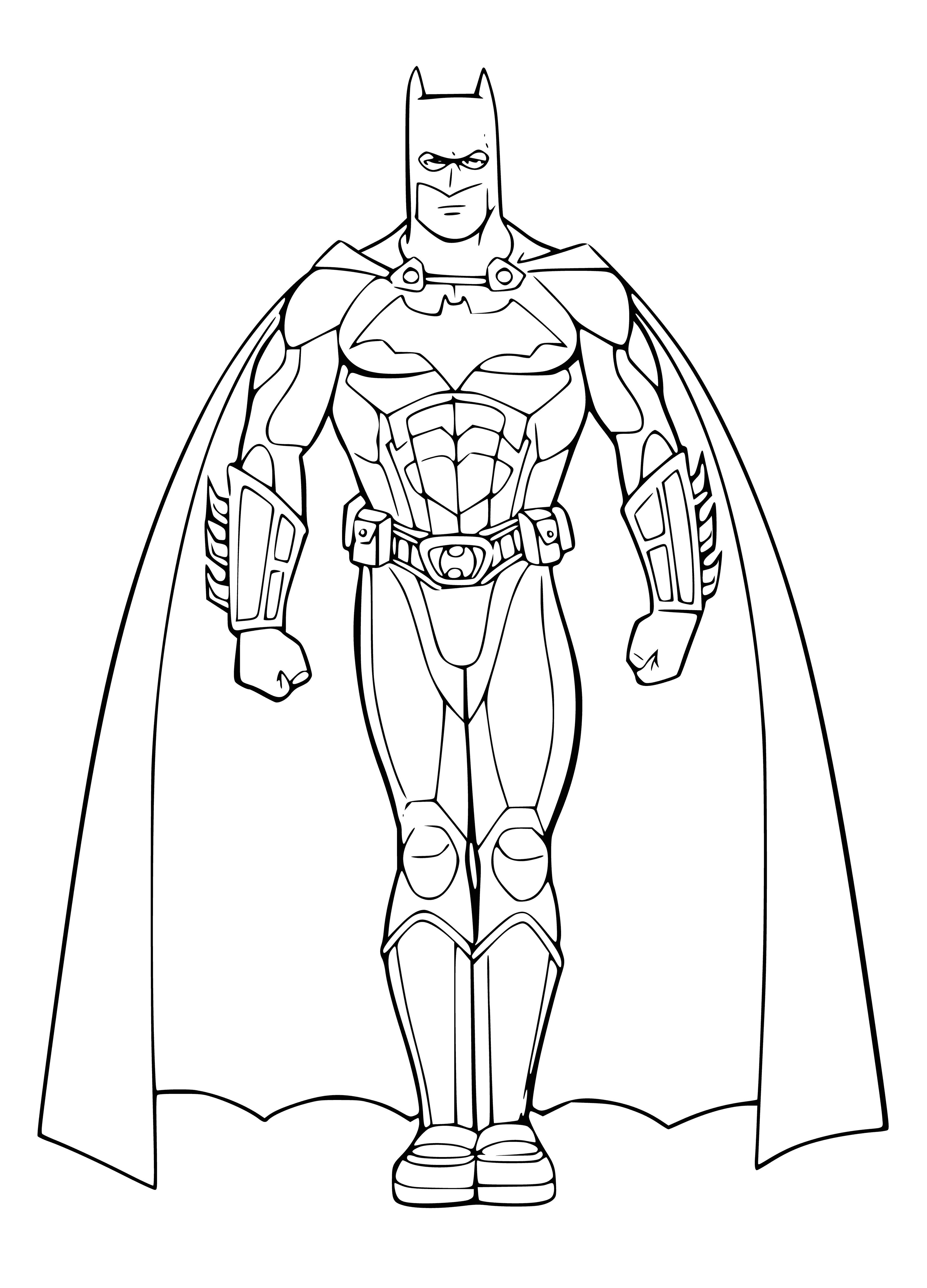 coloring page: A figure wearing a black cape and cowl with a yellow and black bat symbol, holding a black batarang, stands in a cityscape with tall buildings, a river and an open scream.