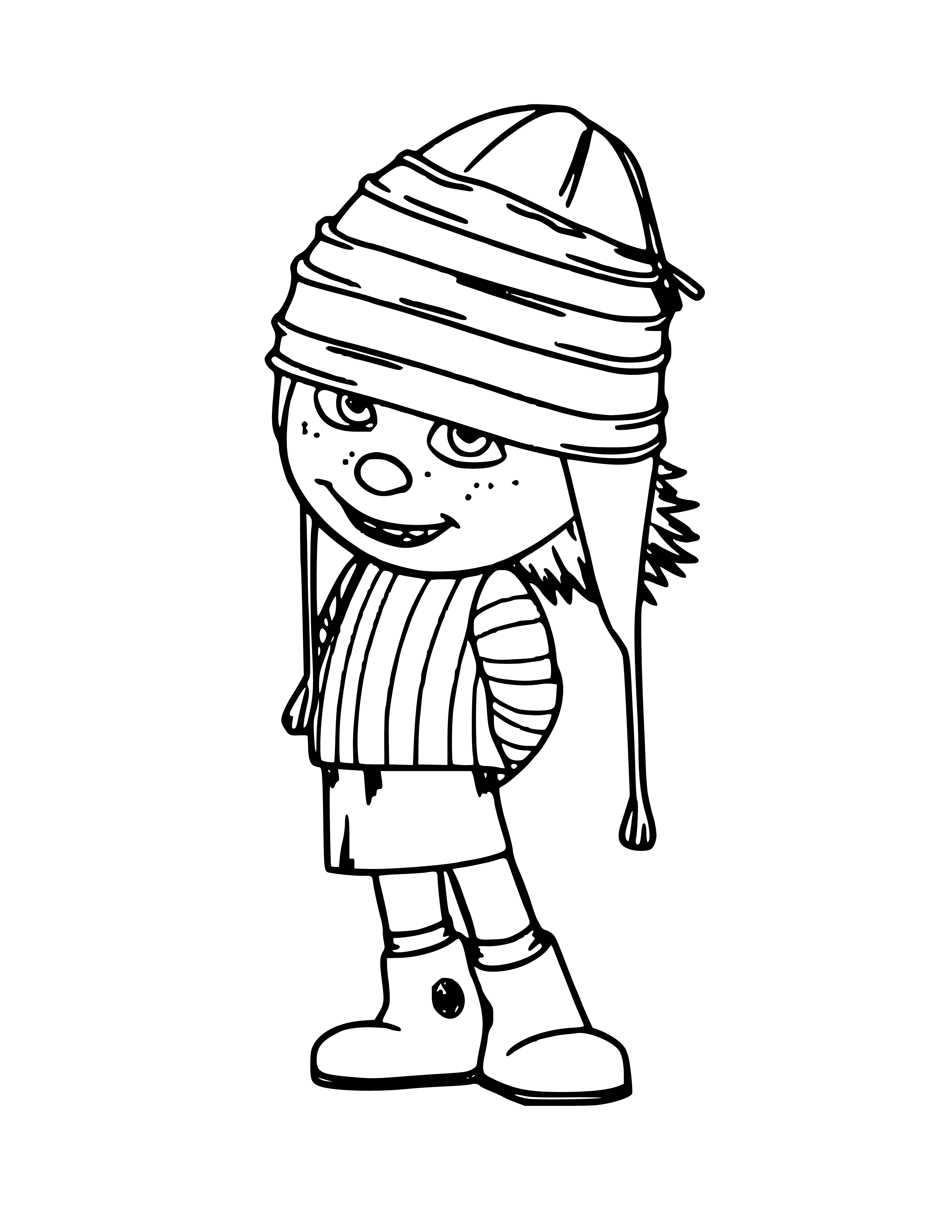 coloring page: Edith is a petite girl with big eyes, long black hair, wearing a pink & purple dress, holding a stuffed animal.