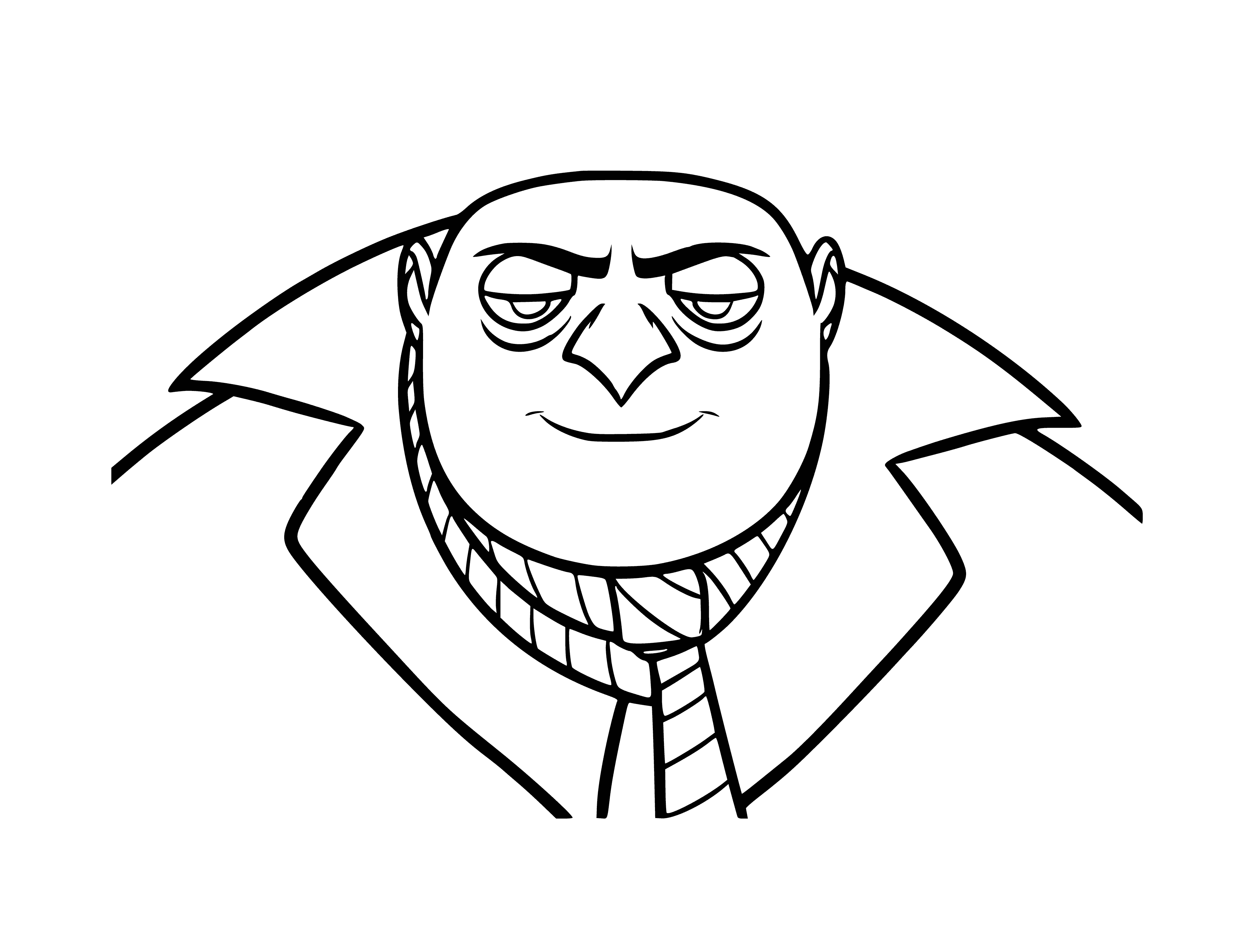 coloring page: Gru proudly holding a blooming tall plant w/ yellow flowers, grinning from ear to ear.