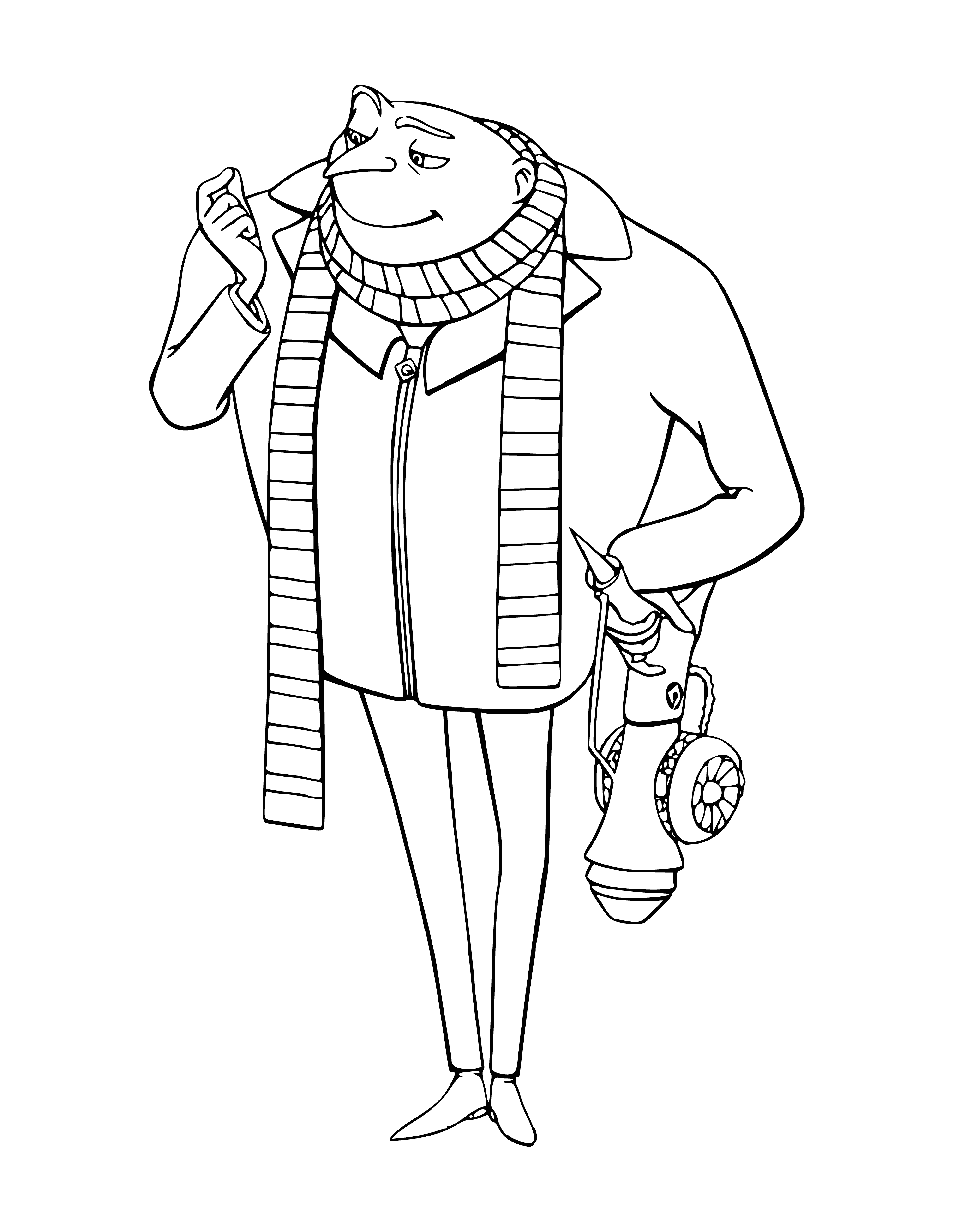 coloring page: Gru surprises even himself when a small girl hands him a flower, putting a smile on his face.
