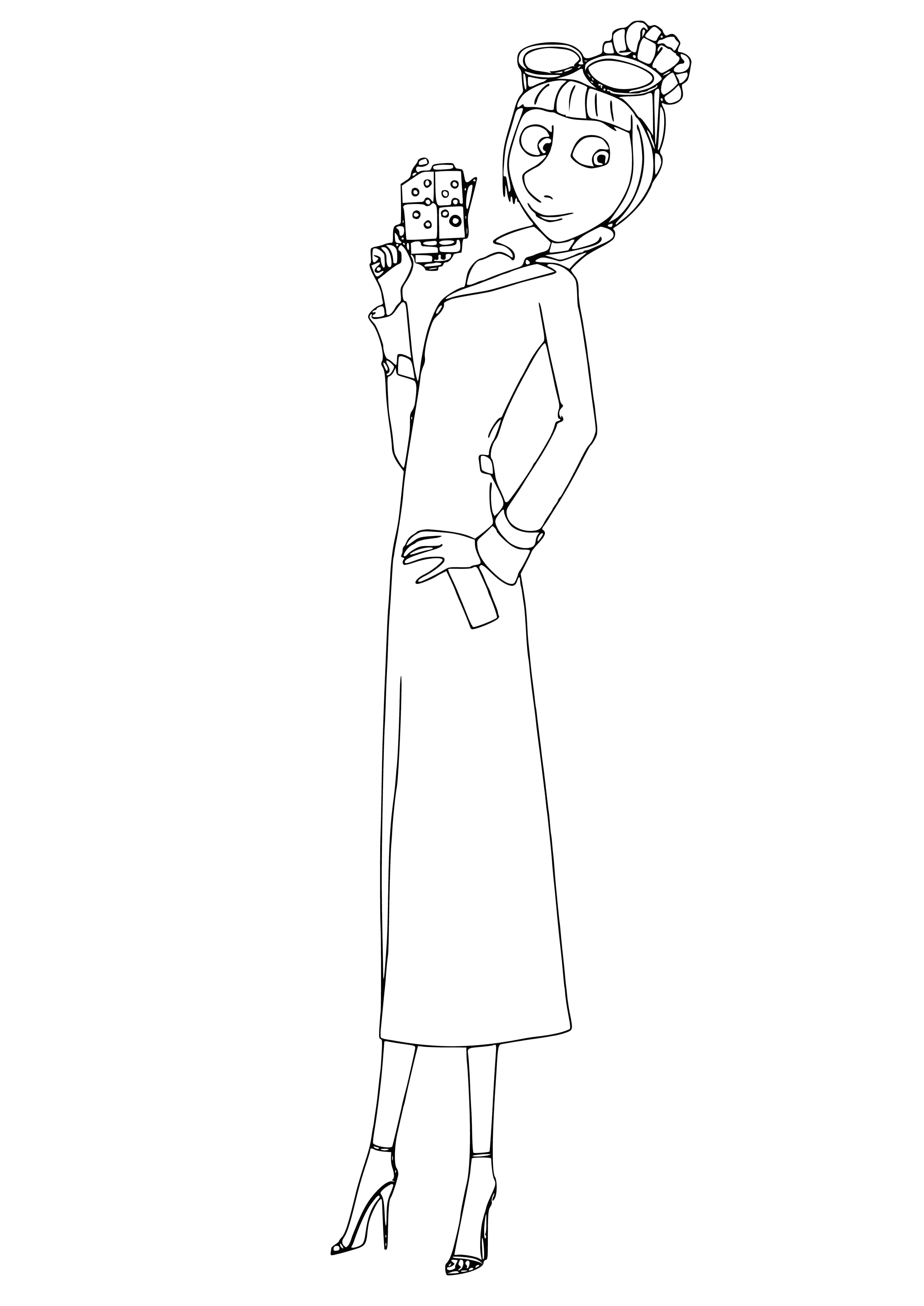 coloring page: Lucy is a lady with blonde hair, blue eyes, wearing a purple dress with white spots & a white belt. She's holding a white lollipop. #girlpower