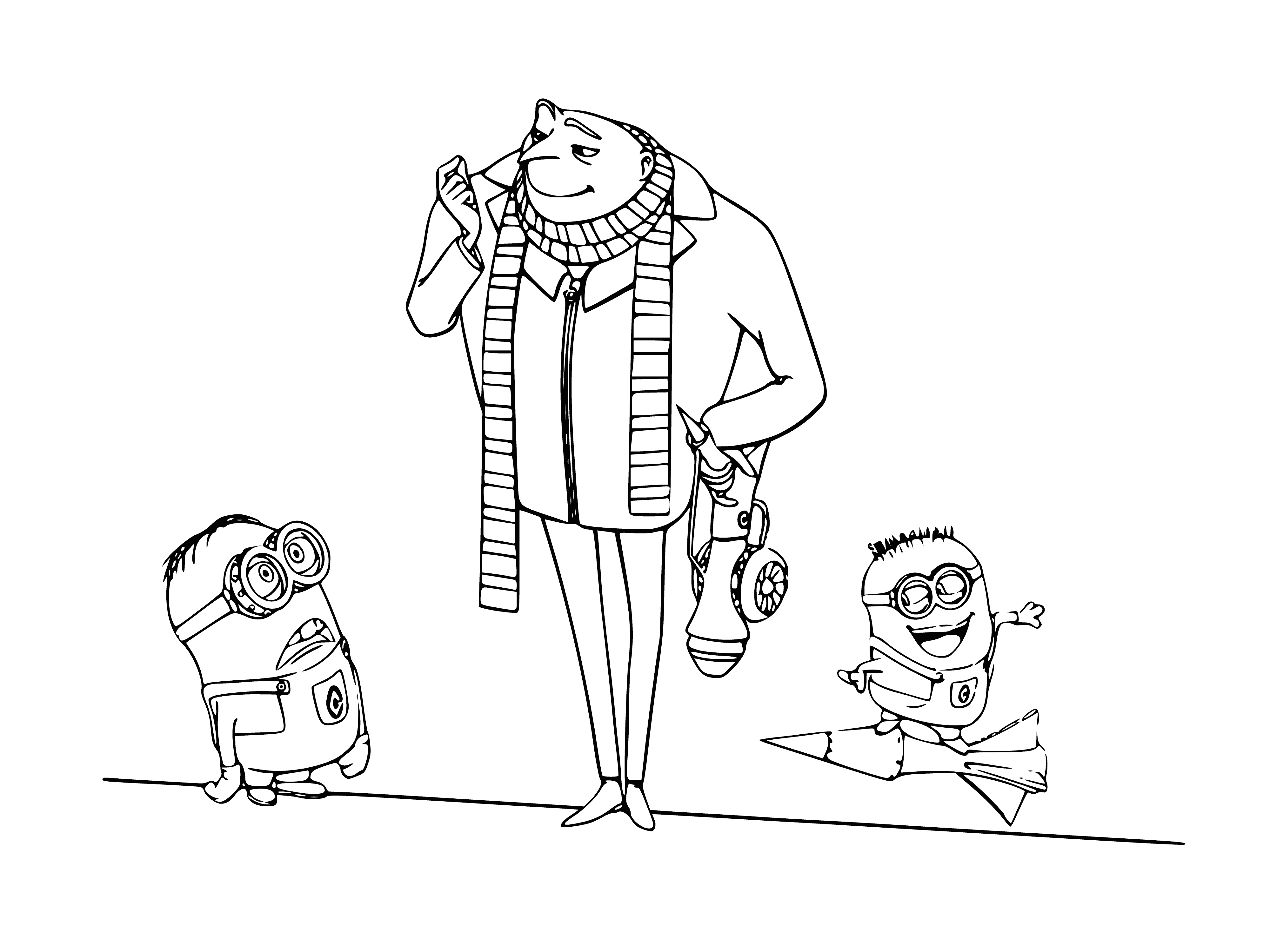 coloring page: Gru is surrounded by minions with big eyes & round heads wearing blue overalls. He's holding a remote and one minion a balloon.